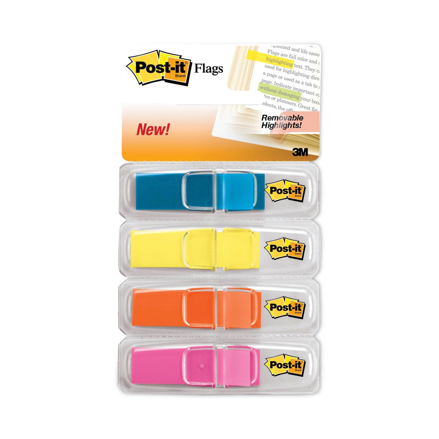Post-it&reg; Flags - 1/2" Flag/Note Width x 1 3/4" Flag/Note Length - Rectangle - Unruled - Blue, Pink, Yellow, Orange - Removable, Self-adhesive, Residue-free, Repositionable - Dispenser Included - 4 / Pack