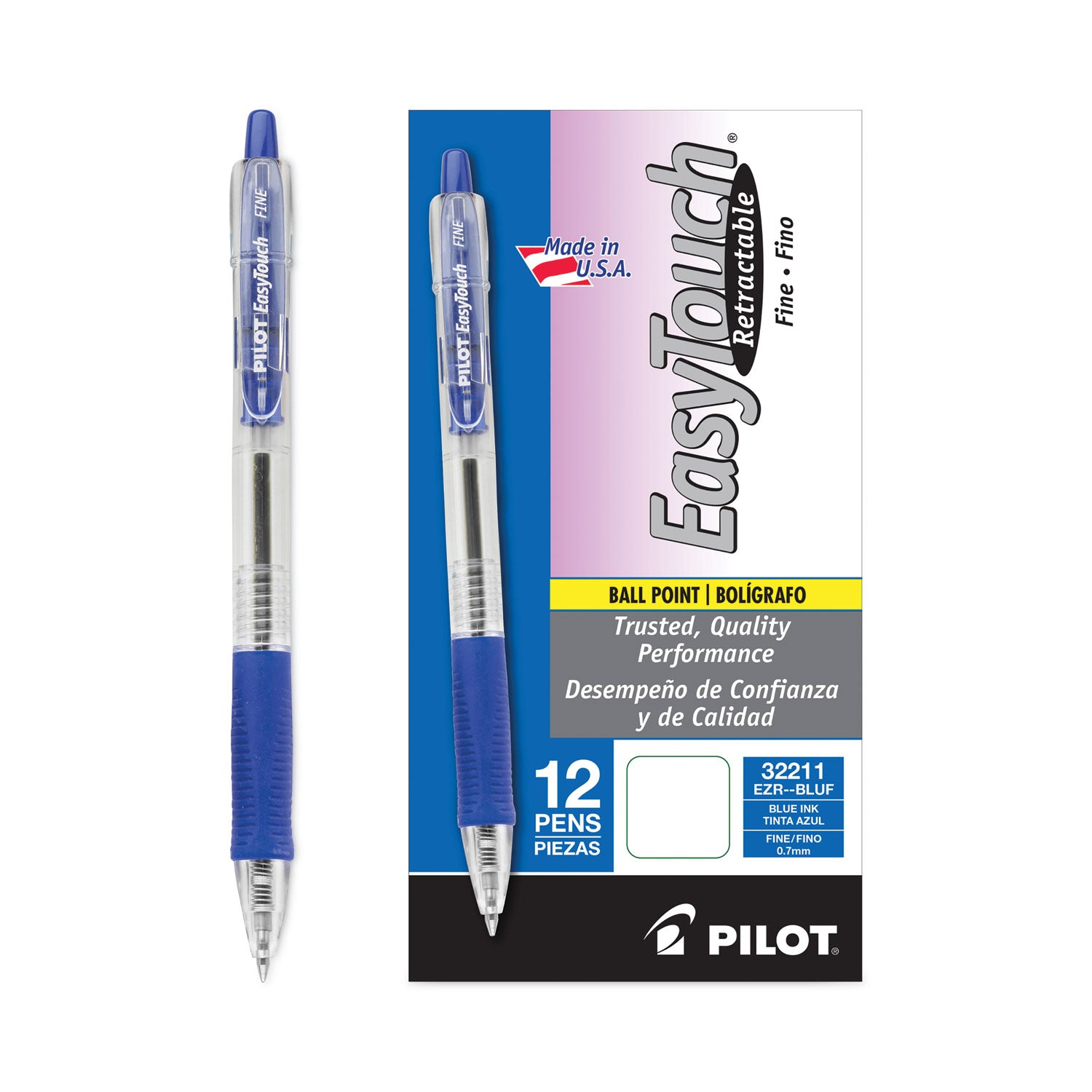 Pilot Retractable Ballpoint Pens - 0.7 mm Fine Pen Point - Refillable - Retractable - Blue Ink - Clear Barrel - 1 Dozen