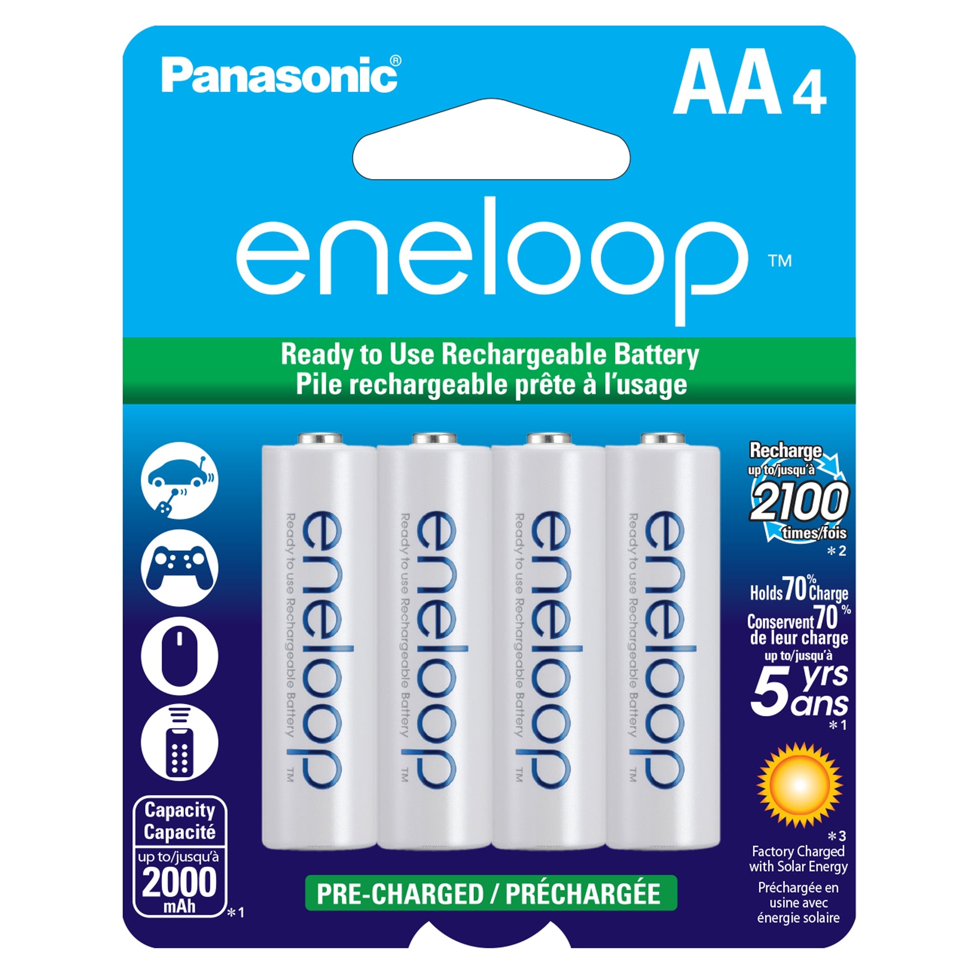 Panasonic eneloop AA 4-Pack 2000mAh Pre-Charged Ni-MH Batteries - Recharge up to 2100 times
