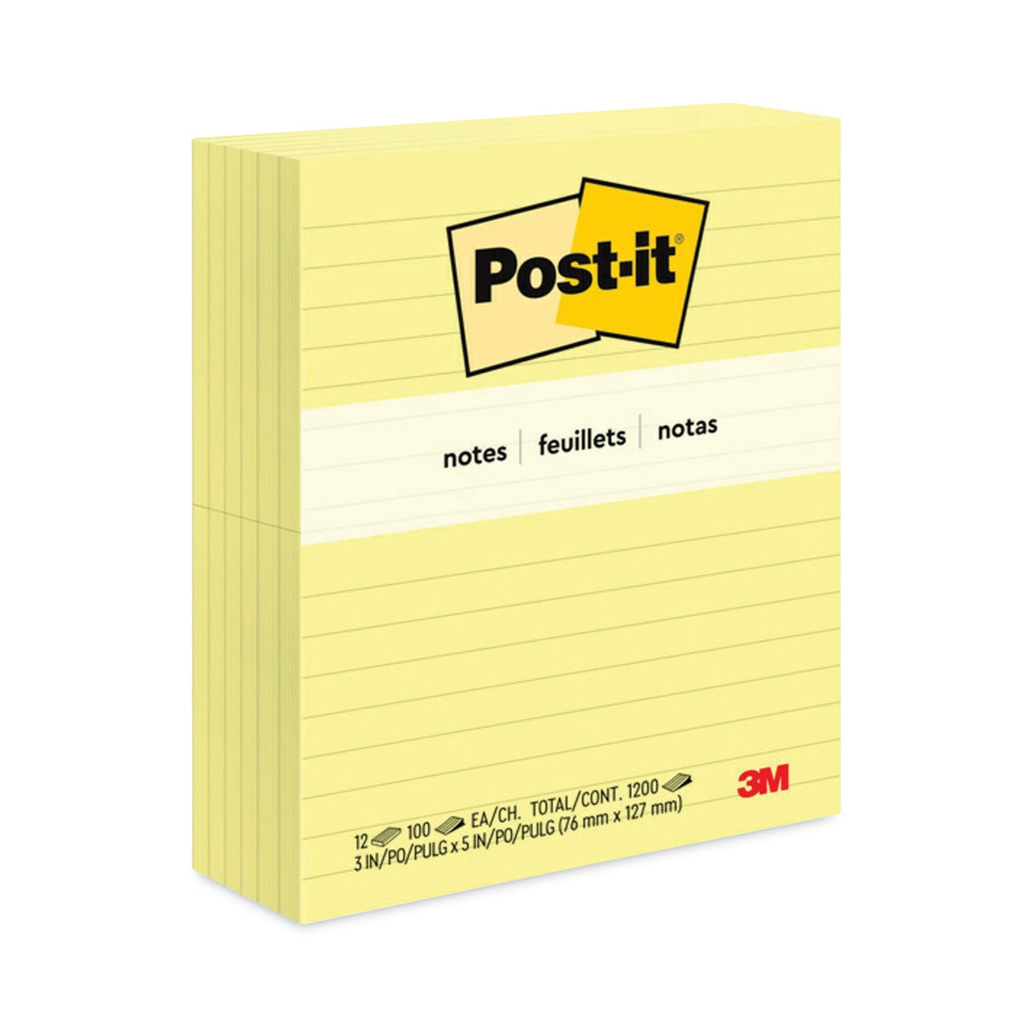 1200 x Canary Yellow - 3" Flag/Note Width x 5" Flag/Note Length - Rectangle - 100 Sheets per Pad - Ruled - Canary Yellow - Paper - Self-adhesive, Repositionable, Recyclable - 1 Pack