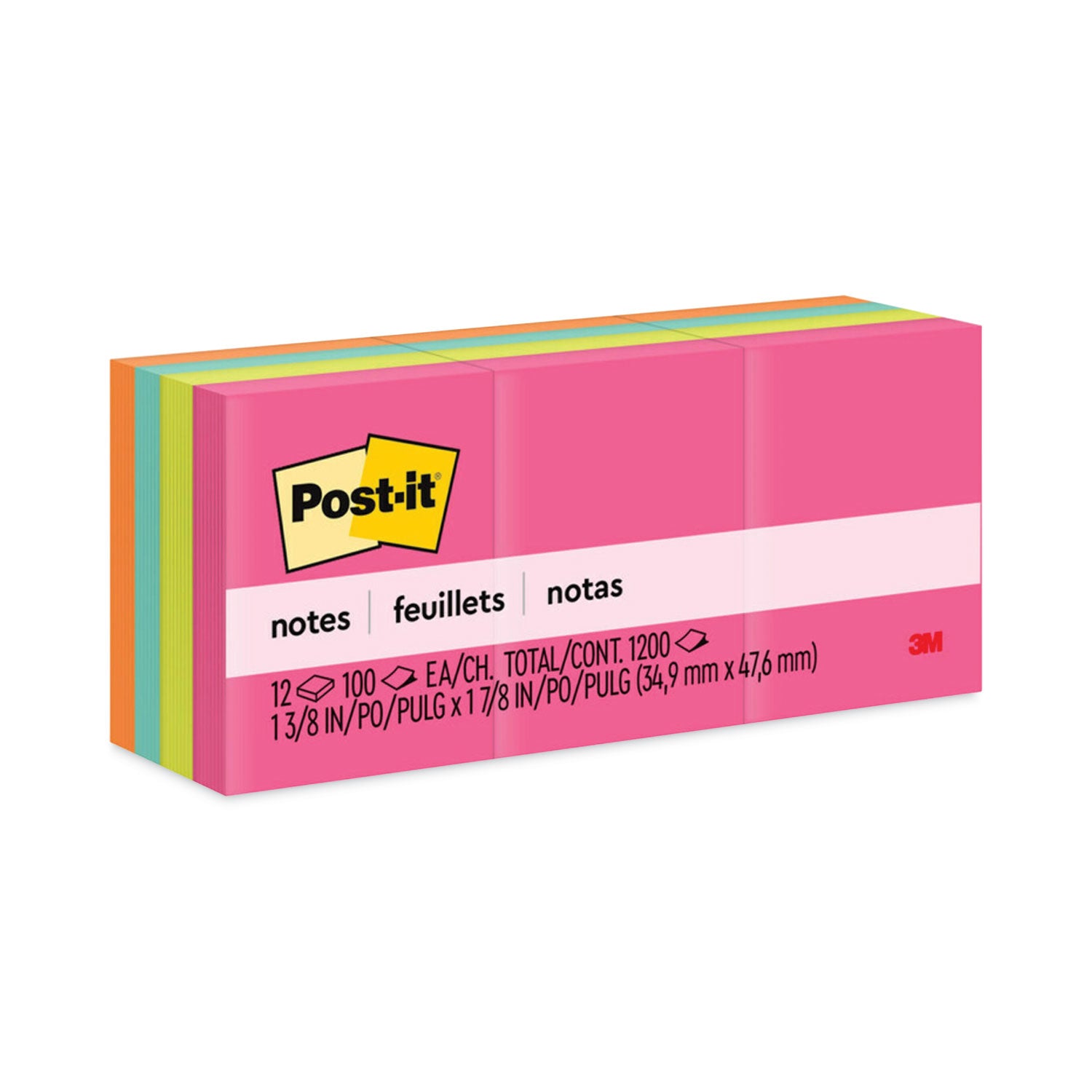 Post-it Notes Original Notepads, Poptimistic Color Collection, 1.5" x 2", 100 Sheets per Pad, 12 Pads per Pack, Multicolor (Power Pink, Acid Lime, Aqua Splash, Vital Orange), Self-adhesive, Repositionable