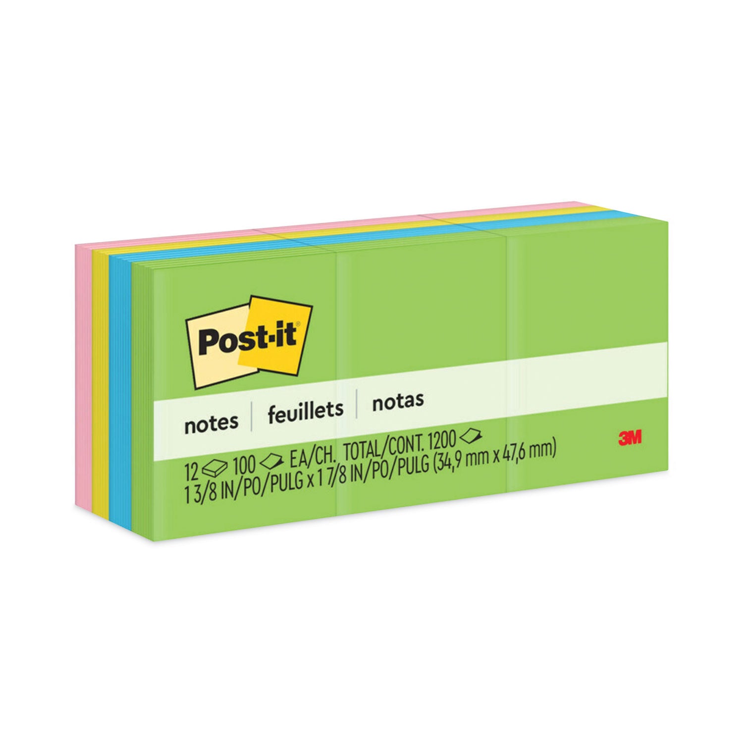 Post-it Notes Original Notepads, Floral Fantasy Color Collection, 1 3/8" x 1 7/8", 100 Sheets per Pad, 12 Pads per Pack, 1200 Notes, Assorted Colors