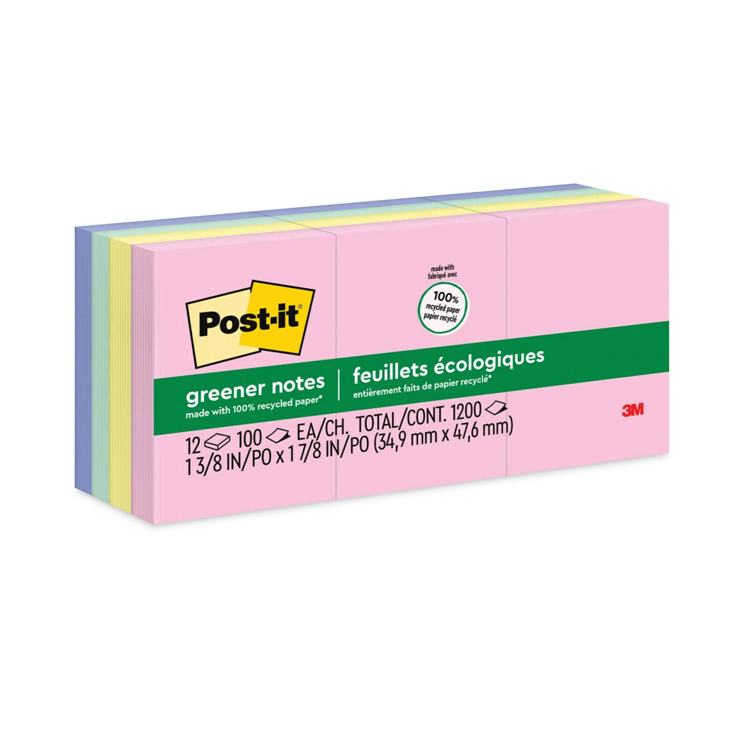 Post-it&reg; Greener Notes - 1200 - 1 1/2" Flag/Note Width x 2" Flag/Note Length - Rectangle - 100 Sheets per Pad - Unruled - Positively Pink, Canary Yellow, Fresh Mint, Moonstone - Paper - Self-adhesive, Repositionable - Recycled - 1 Pack