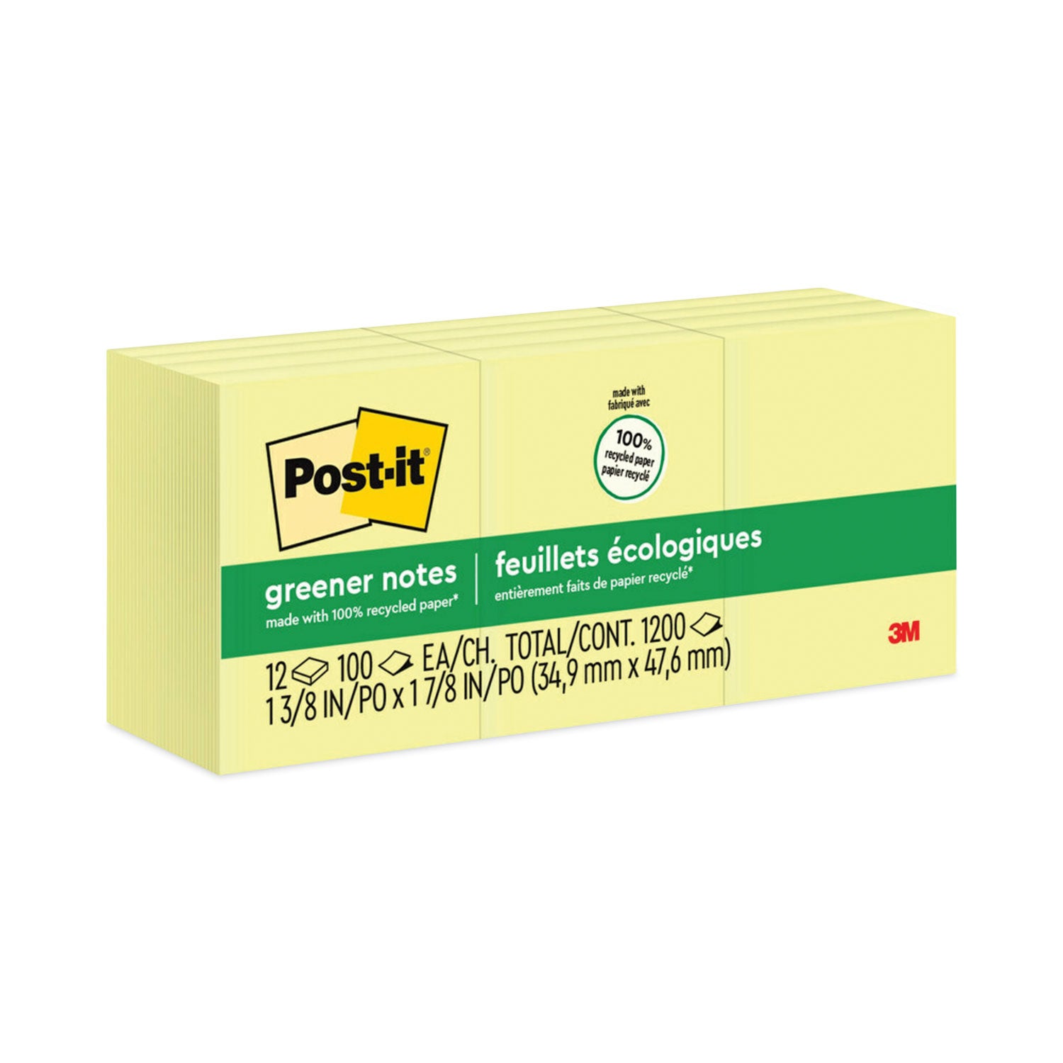 Post-it&reg; Greener Notes - 1200 - 1 1/2" Flag/Note Width x 2" Flag/Note Length - Rectangle - 100 Sheets per Pad - Unruled - Yellow - Paper - Self-adhesive, Repositionable - Recycled - 1 Pack