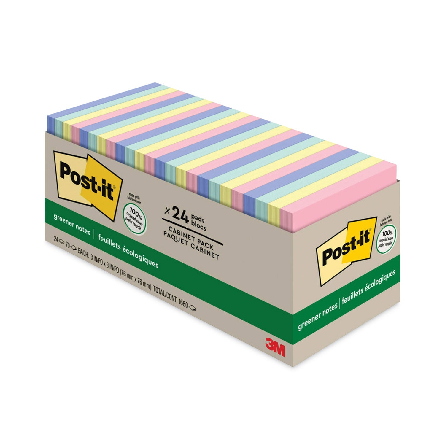 1800 x Assorted - 3" Flag/Note Width x 3" Flag/Note Length - Square - 75 Sheets per Pad - Unruled - Positively Pink, Canary Yellow, Fresh Mint, Moonstone - Paper - Repositionable, Self-adhesive - Recycled - 1 Pack