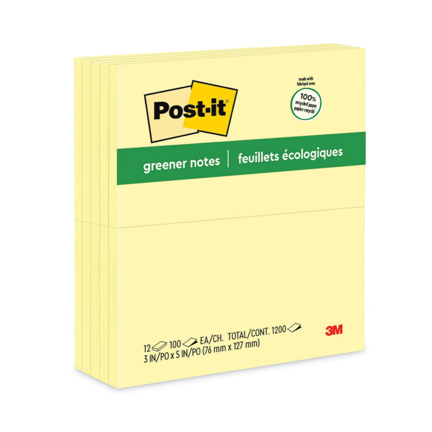 Post-it&reg; Greener Notes - 1200 - 3" Flag/Note Width x 5" Flag/Note Length - Rectangle - 100 Sheets per Pad - Unruled - Canary Yellow - Paper - Self-adhesive, Repositionable - Recycled - 1 Pack