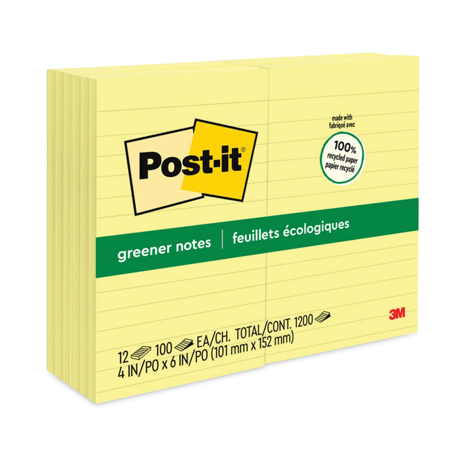 Post-it&reg; Greener Notes - 1200 - 4" Flag/Note Width x 6" Flag/Note Length - Rectangle - 100 Sheets per Pad - Ruled - Canary Yellow - Paper - Self-adhesive, Repositionable - Recycled - 1 Pack