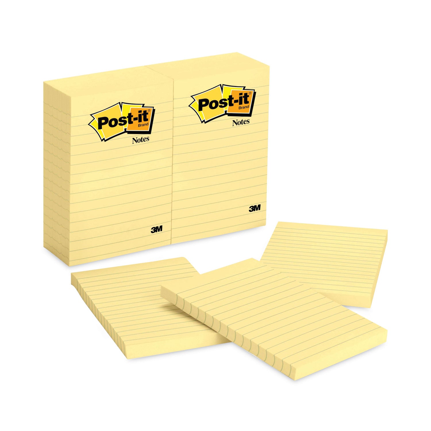 Post-it&reg; Notes Original Lined Notepads - 100 - 4" Flag/Note Width x 6" Flag/Note Length - Rectangle - 100 Sheets per Pad - Ruled - Canary Yellow - Paper - Self-adhesive, Repositionable - 12 / Pack