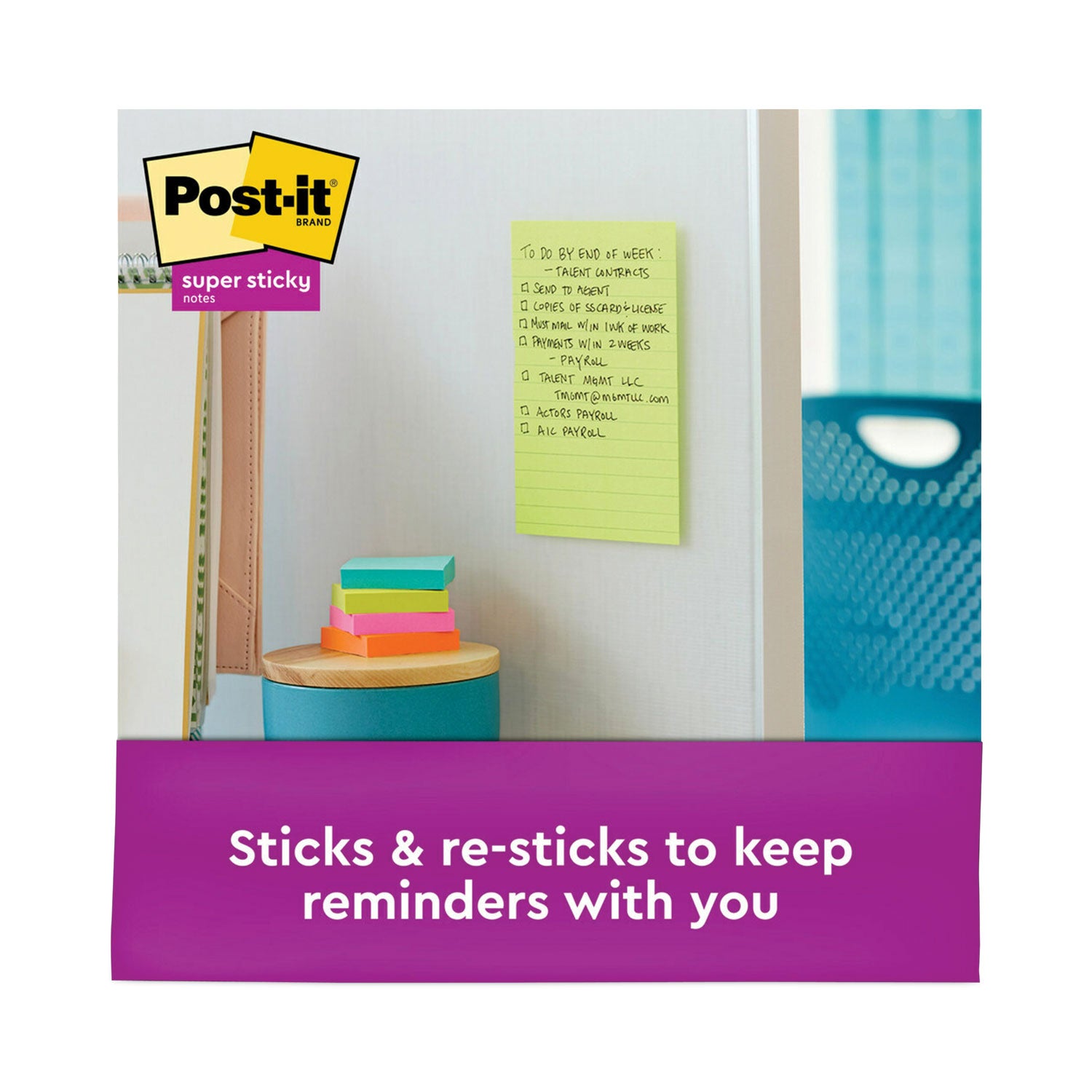 Post-it&reg; Super Sticky Lined Notes - Energy Boost Color Collection - 180 - 5" Flag/Note Width x 8" Flag/Note Length - Rectangle - 45 Sheets per Pad - Ruled - Vital Orange, Tropical Pink, Blue Paradise, Limeade - Paper - Self-adhesive - 4 / Pack
