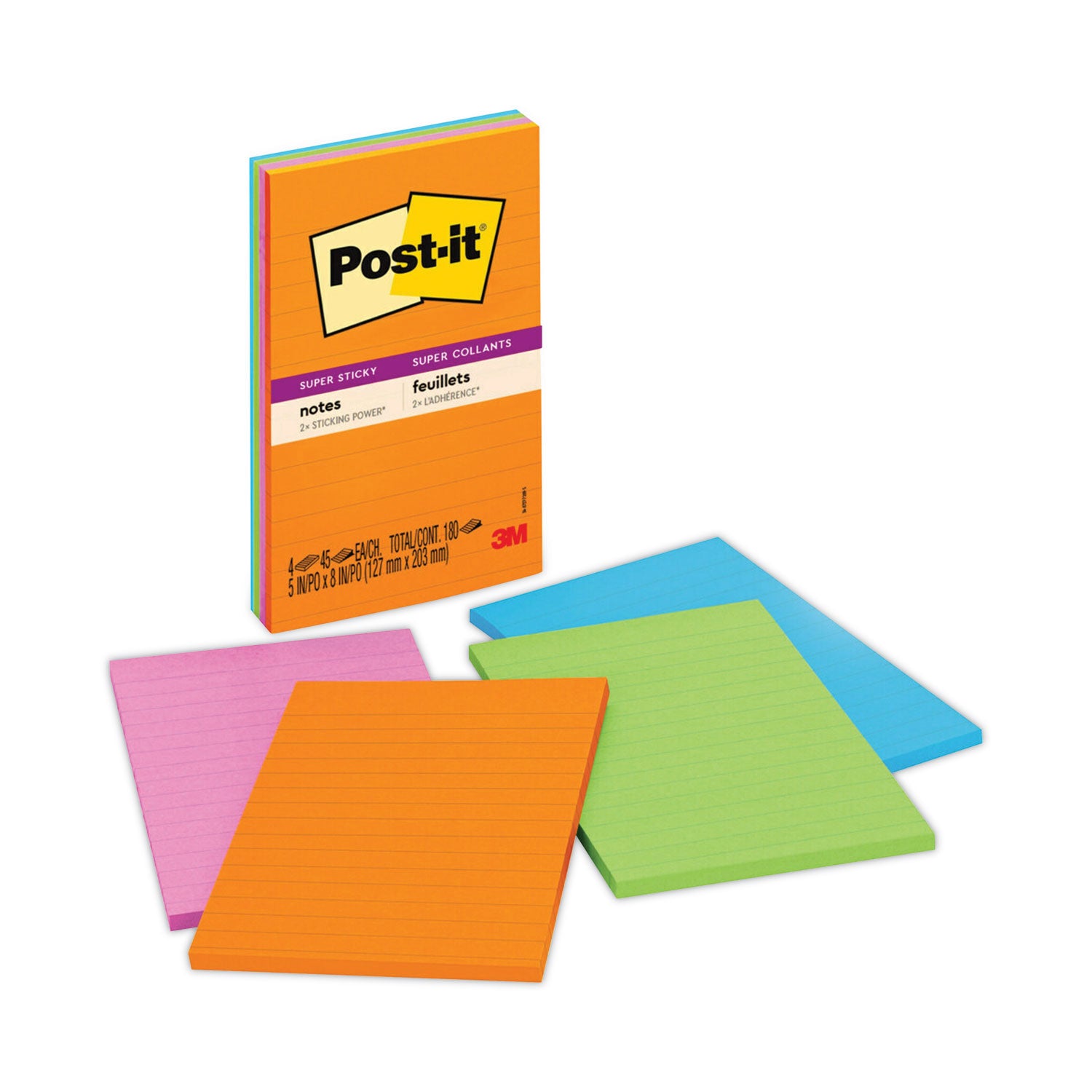 Post-it&reg; Super Sticky Lined Notes - Energy Boost Color Collection - 180 - 5" Flag/Note Width x 8" Flag/Note Length - Rectangle - 45 Sheets per Pad - Ruled - Vital Orange, Tropical Pink, Blue Paradise, Limeade - Paper - Self-adhesive - 4 / Pack