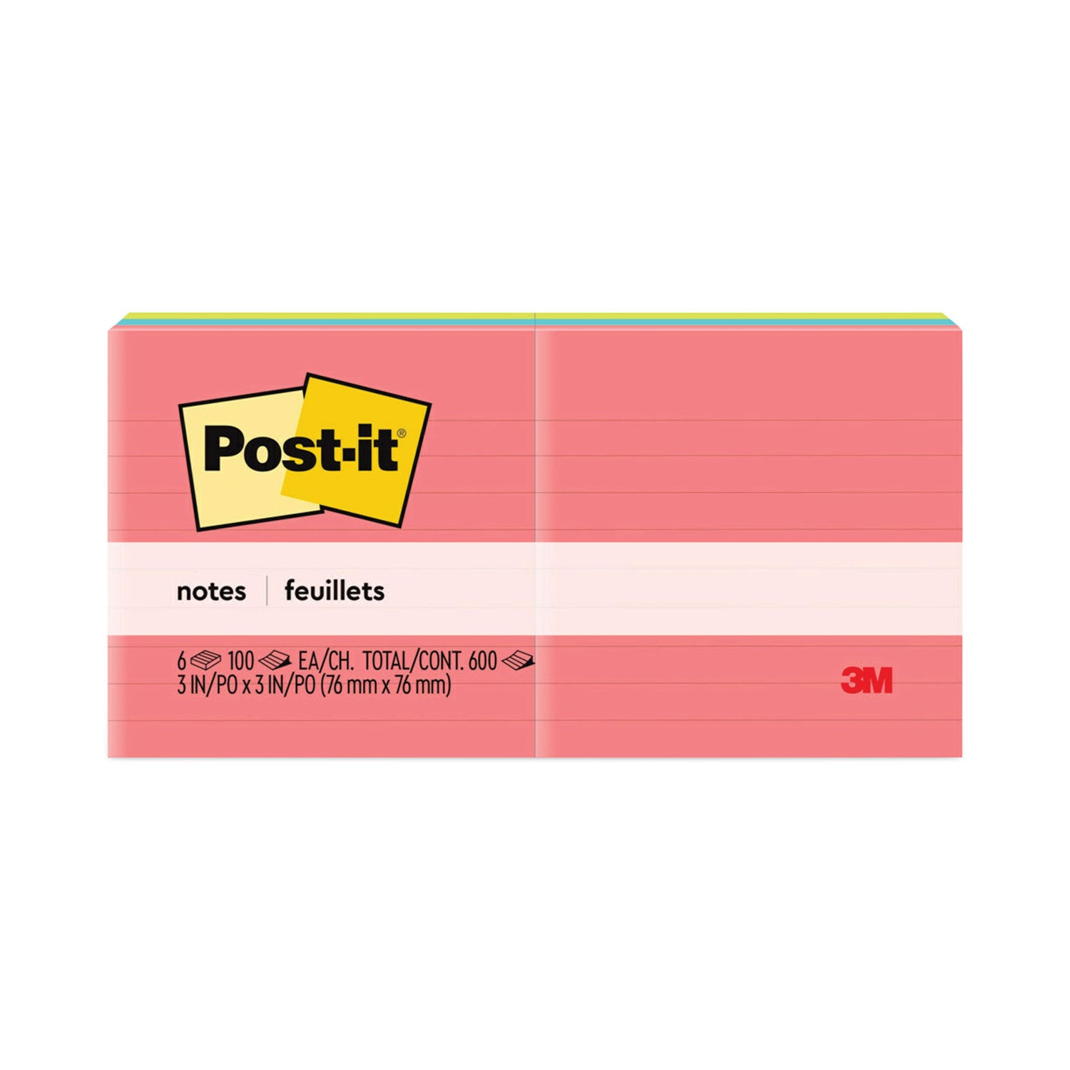 Post-it&reg; Lined Notes - Poptimistic Color Collection - 600 - 3" Flag/Note Width x 3" Flag/Note Length - Square - 100 Sheets per Pad - Ruled - Pink, Blue, Green - Paper - Self-adhesive, Repositionable - 6 / Pack