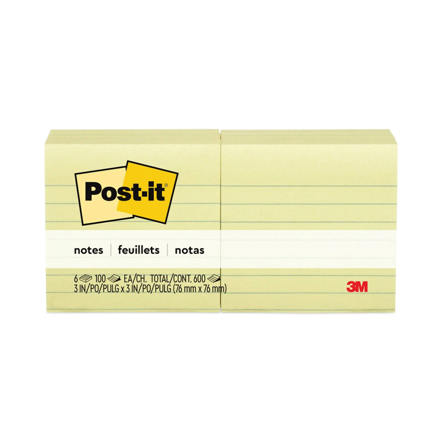 Post-it&reg; Lined Notes - 600 x Canary Yellow - 3" Flag/Note Width x 3" Flag/Note Length - Square - 100 Sheets per Pad - Ruled - Yellow - Paper - Self-adhesive, Repositionable, Removable - 6 / Pack
