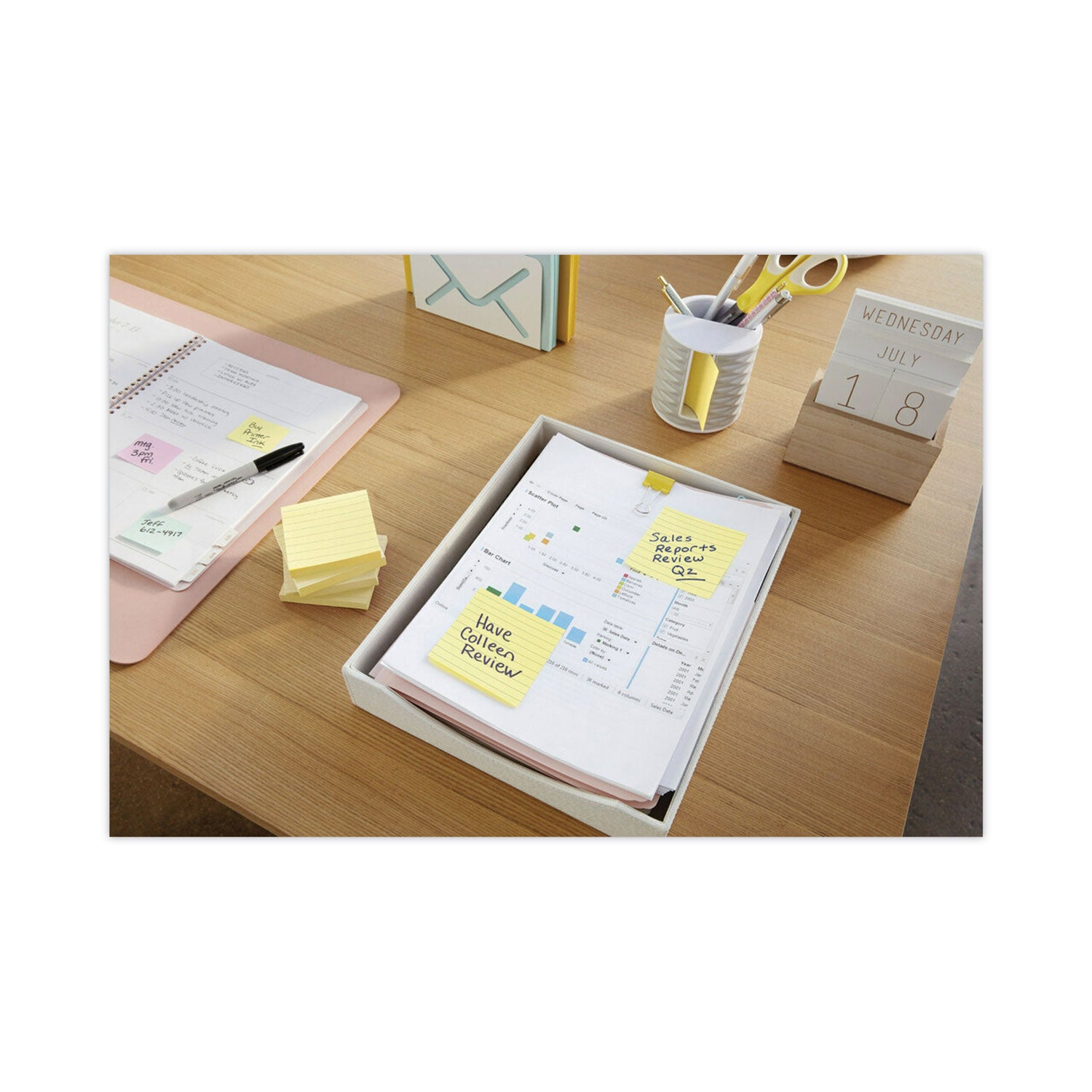 Post-it&reg; Lined Notes - 600 x Canary Yellow - 3" Flag/Note Width x 3" Flag/Note Length - Square - 100 Sheets per Pad - Ruled - Yellow - Paper - Self-adhesive, Repositionable, Removable - 6 / Pack