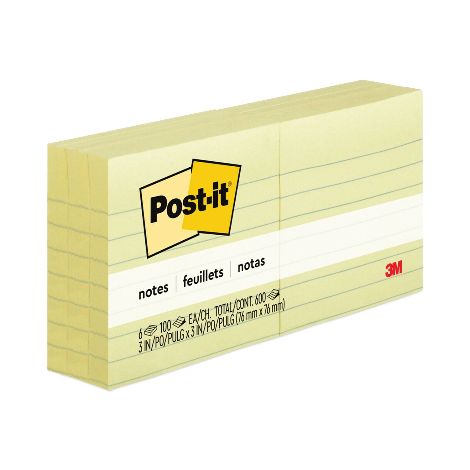 Post-it&reg; Lined Notes - 600 x Canary Yellow - 3" Flag/Note Width x 3" Flag/Note Length - Square - 100 Sheets per Pad - Ruled - Yellow - Paper - Self-adhesive, Repositionable, Removable - 6 / Pack
