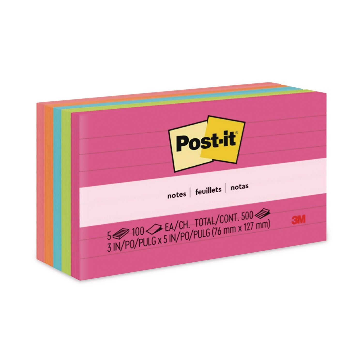500 - 3" Flag/Note Width x 5" Flag/Note Length - Rectangle - 100 Sheets per Pad - Ruled - Power Pink, Acid Lime, Aqua Splash, Vital Orange, Guava - Paper - Self-adhesive, Repositionable - 1 Pack