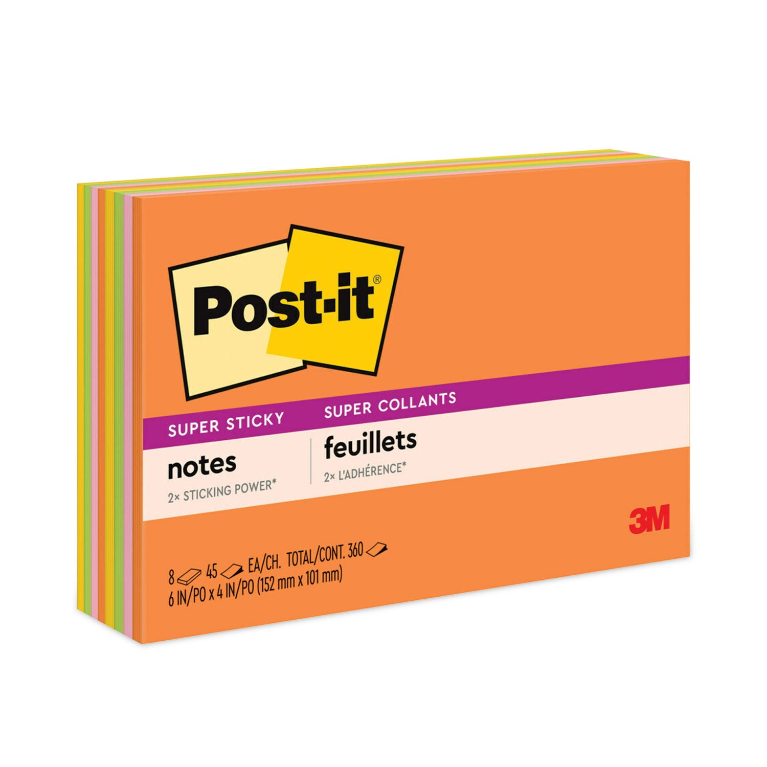 360 - 6" Flag/Note Width x 4" Flag/Note Length - Rectangle - 45 Sheets per Pad - Unruled - Vital Orange, Limeade, Tropical Pink, Sunnyside - Paper - Self-adhesive - 8 / Pack