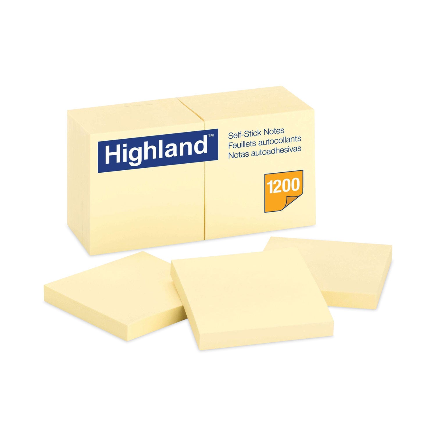 Highland Self-Sticking Notepads - 1200 - 3" Flag/Note Width x 3" Flag/Note Length - Square - 100 Sheets per Pad - Unruled - Yellow - Paper - Self-adhesive - 1 Pack