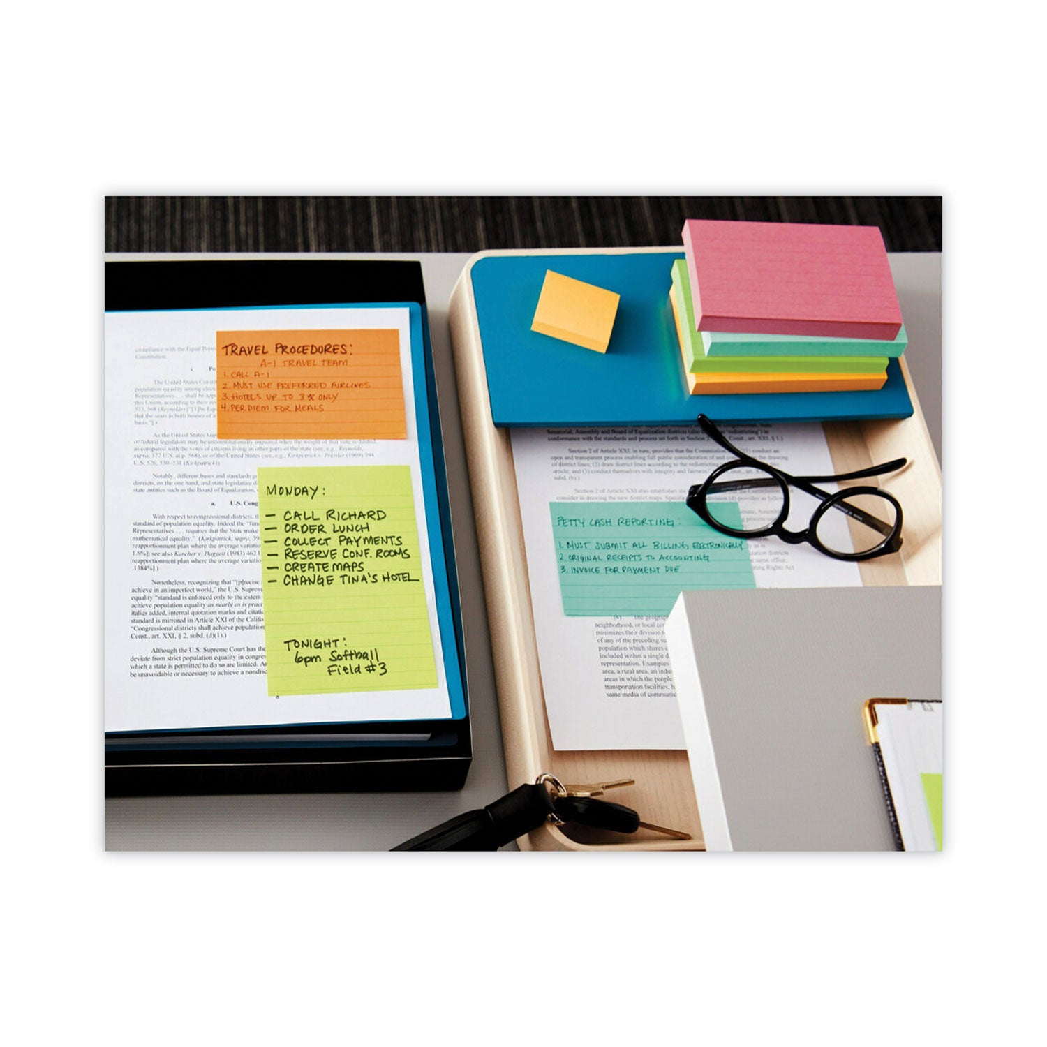 Post-it Notes Original Lined Notepads, Floral Fantasy Color Collection, 4" x 6", 100 Sheets per Pad, 3 Pads/Pack, Assorted Colors (Limeade, Citron Yellow, Blue, Blue Paradise)