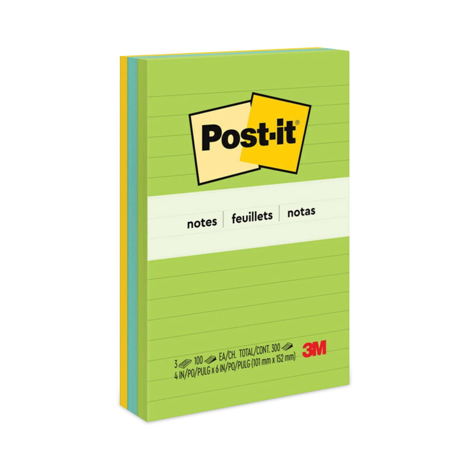 Post-it Notes Original Lined Notepads, Floral Fantasy Color Collection, 4" x 6", 100 Sheets per Pad, 3 Pads/Pack, Assorted Colors (Limeade, Citron Yellow, Blue, Blue Paradise)