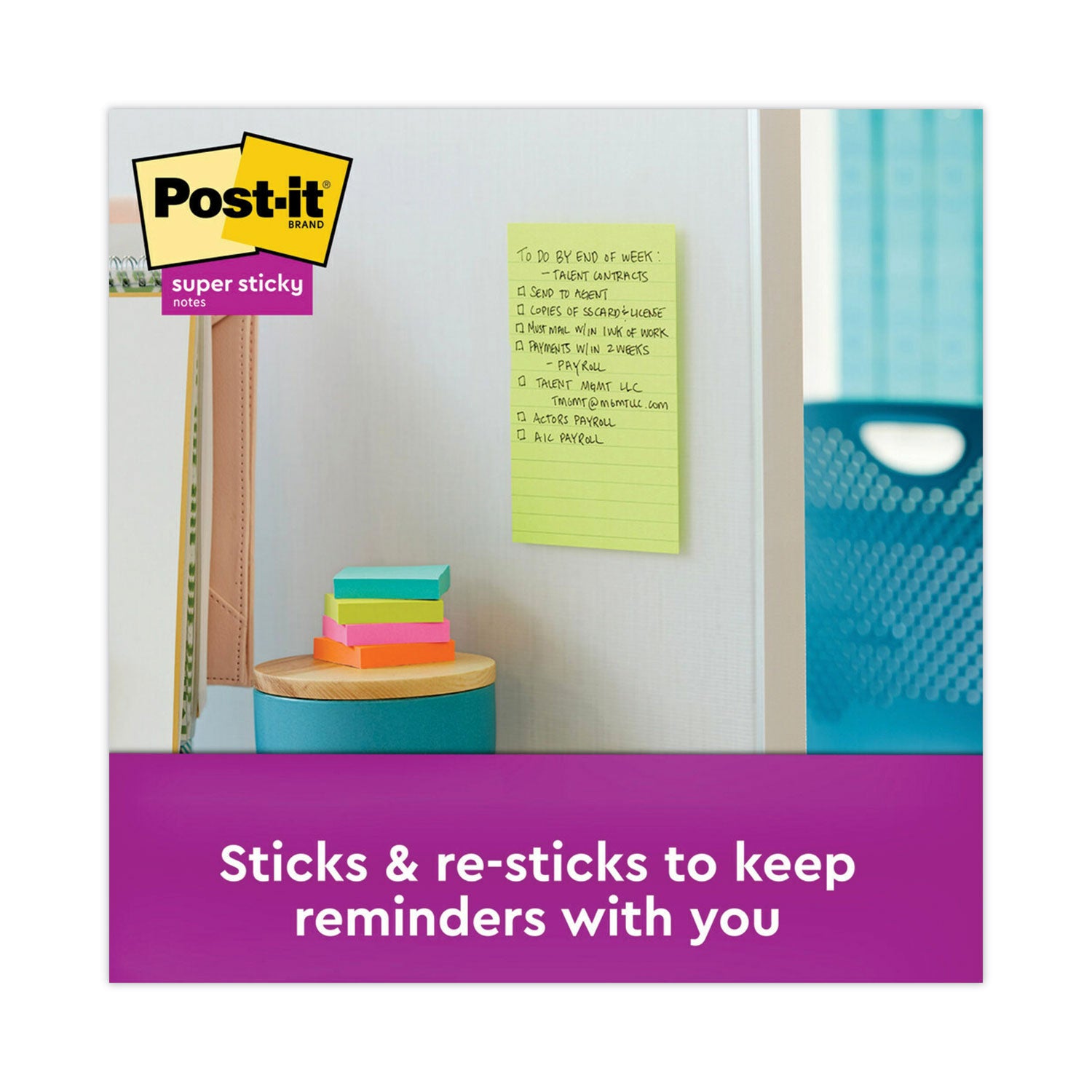 Post-it Super Sticky Notes, Supernova Neons Color Collection, 4" x 6", Ruled, Aqua Splash/Acid Lime/Guava, 90 Sheets per Pad, 3 Pads, 270 Multicolor Notes per Pack