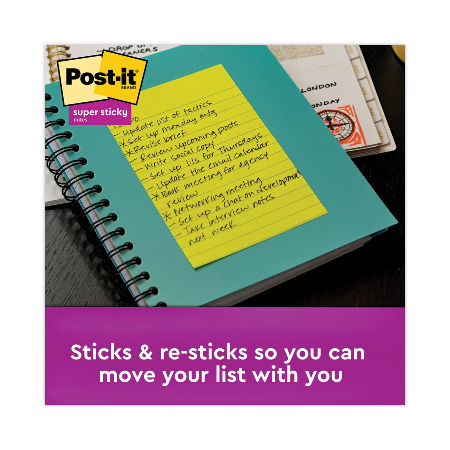 Post-it&reg; Super Sticky Notes - Energy Boost Color Collection - 270 x Assorted - 4" Flag/Note Width x 6" Flag/Note Length - Rectangle - 90 Sheets per Pad - Ruled - Orange, Pink, Green - Paper - Self-adhesive, Recyclable - 1 Pack