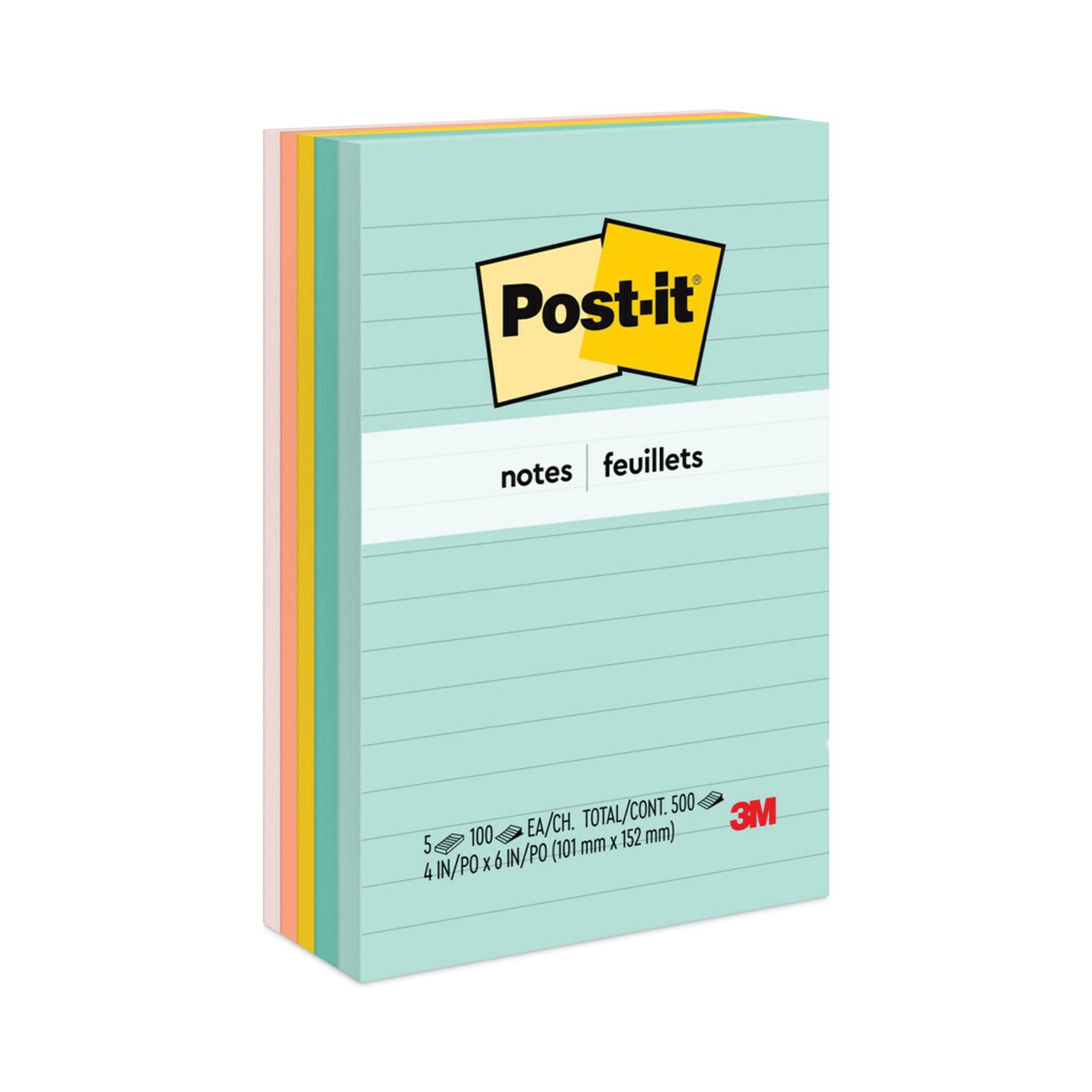 500 x Assorted Pastel - 4" Flag/Note Width x 6" Flag/Note Length - Rectangle - 100 Sheets per Pad - Ruled - Fresh Mint, Aqua Splash, Sunnyside, Papaya Fizz, Guava - Paper - Self-adhesive, Repositionable - 1 Pack