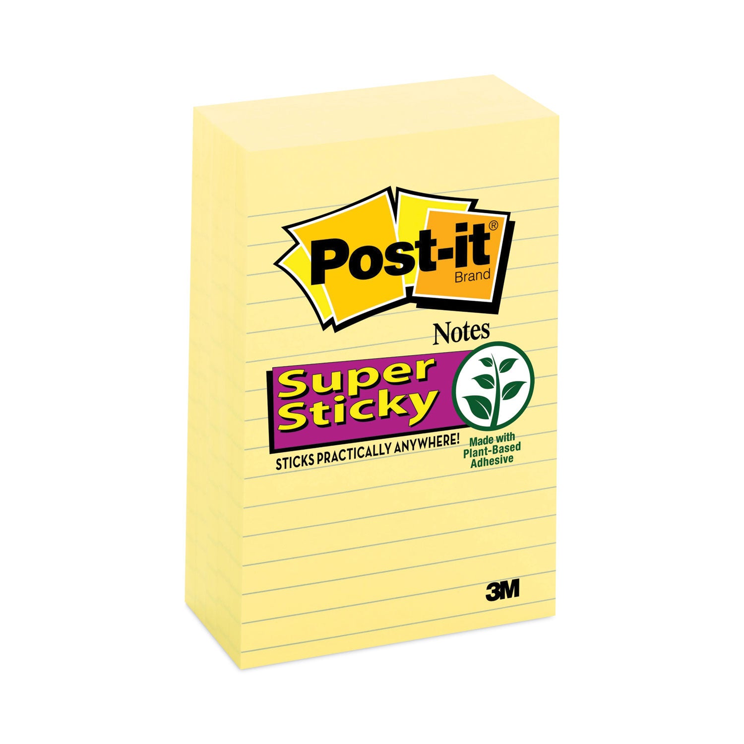 Post-it&reg; Super Sticky Lined Notes - 450 - 4" Flag/Note Width x 6" Flag/Note Length - Rectangle - 90 Sheets per Pad - Ruled - Canary Yellow - Paper - Self-adhesive - 5 / Pack