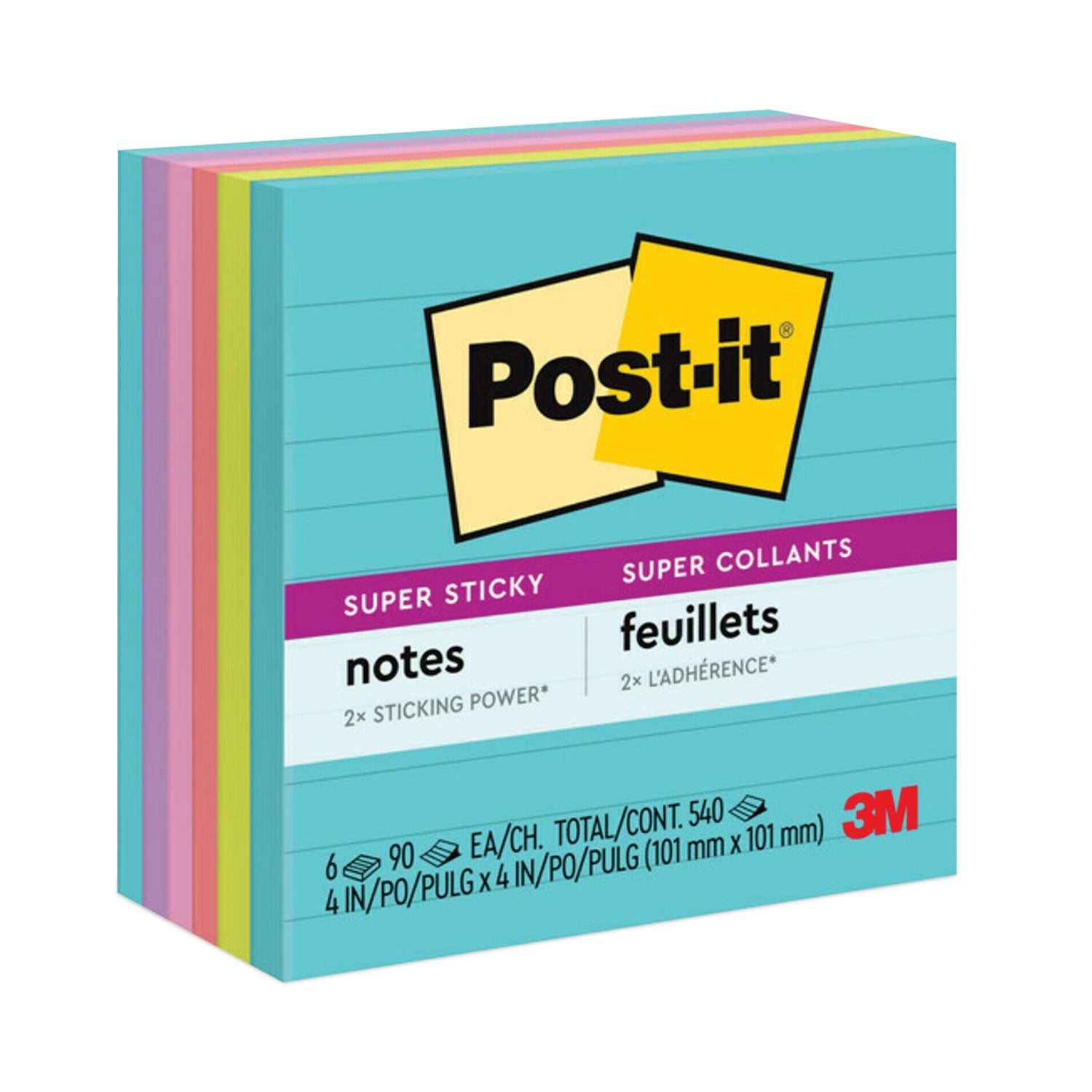 540 x Multicolor - 4" Flag/Note Width x 4" Flag/Note Length - Rectangle - 90 Sheets per Pad - Ruled - Aqua Splash, Acid Lime, Guava, Tropical Pink, Iris Infusion - Paper - Self-adhesive, Removable, Recyclable - 1 Pack