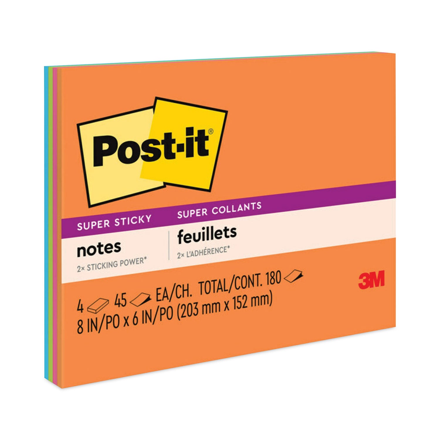 Post-it&reg; Super Sticky Notes - Energy Boost Color Collection - 180 - 6" Flag/Note Width x 8" Flag/Note Length - Rectangle - 45 Sheets per Pad - Unruled - Vital Orange, Tropical Pink, Limeade, Blue Paradise - Paper Fibre - Self-adhesive - 4 / Pack