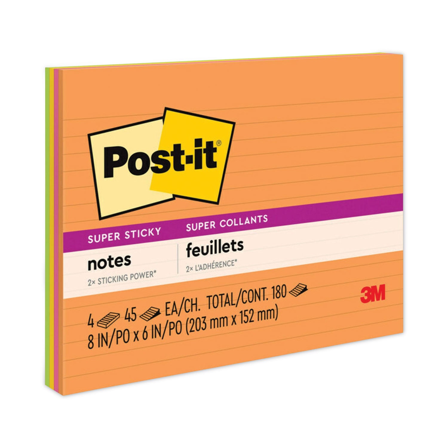 180 - 6" Flag/Note Width x 8" Flag/Note Length - Rectangle - 45 Sheets per Pad - Ruled - Vital Orange, Tropical Pink, Sunnyside, Limeade - Paper - Self-adhesive - 4 / Pack
