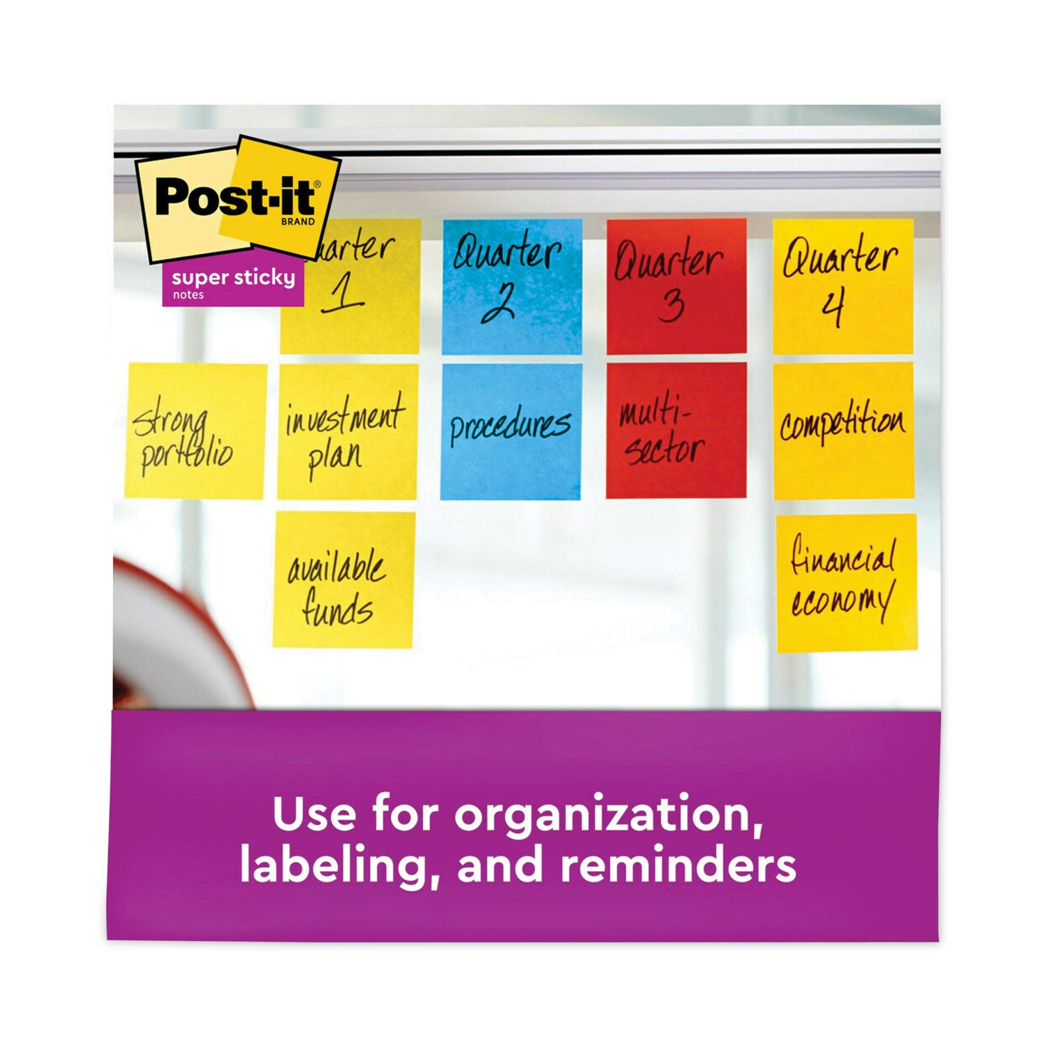 Post-it Super Sticky Notes, Playful Primaries Color Collection, 3" x 3", 90 Sheets per Pad, 12 Pads/Pack, Multicolor (Candy Apple Red, Vital Orange, Sunnyside, Lucky Green, Blue Paradise, Iris Infusion)