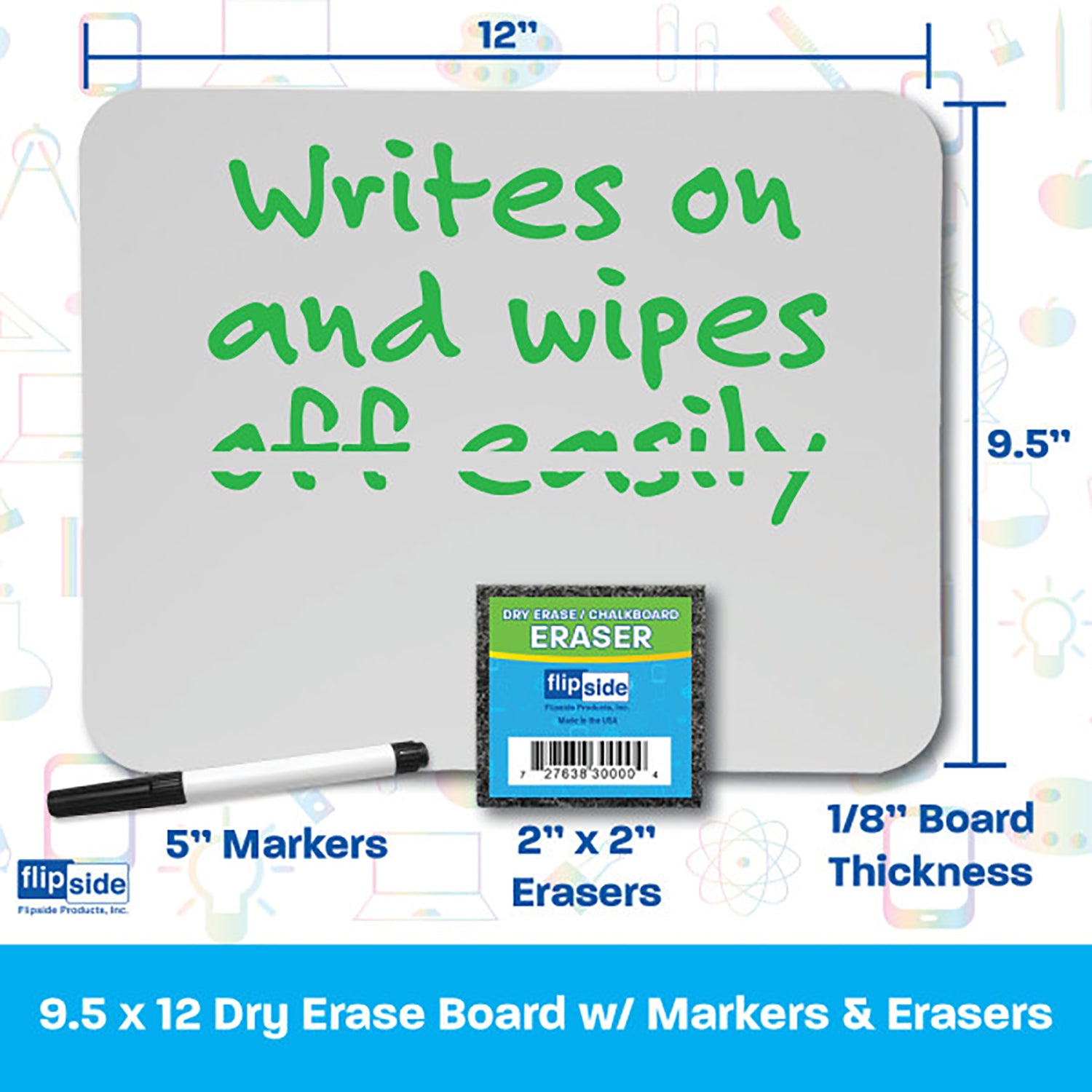 Dry Erase Board 9" x 12" + Pen + Student Eraser Set, 12 Sets