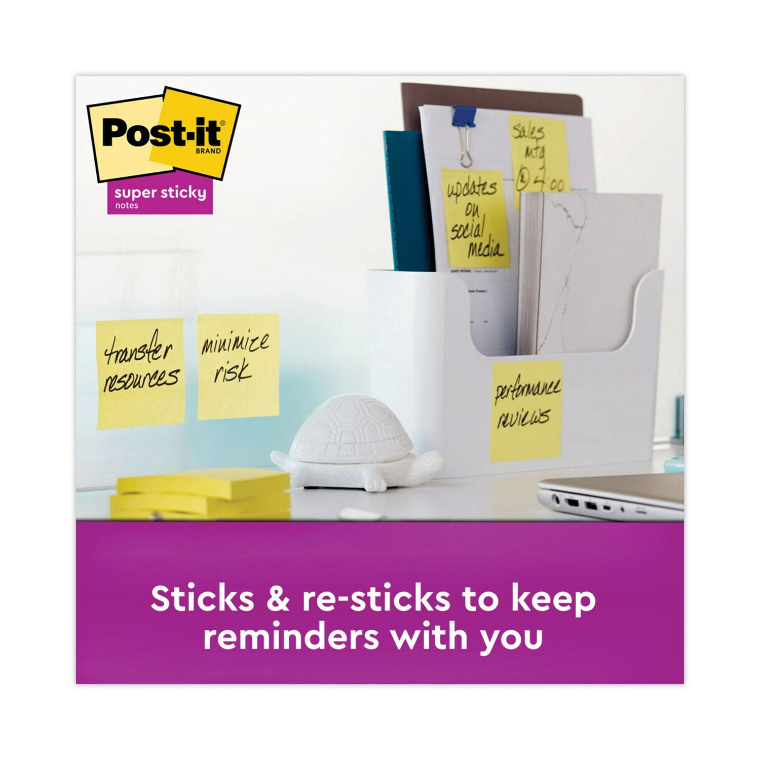 3" Flag/Note Width x 3" Flag/Note Length - Square - Canary Yellow - Paper - Super Sticky, Adhesive, Removable, Recyclable, Reusable - 24 Pad
