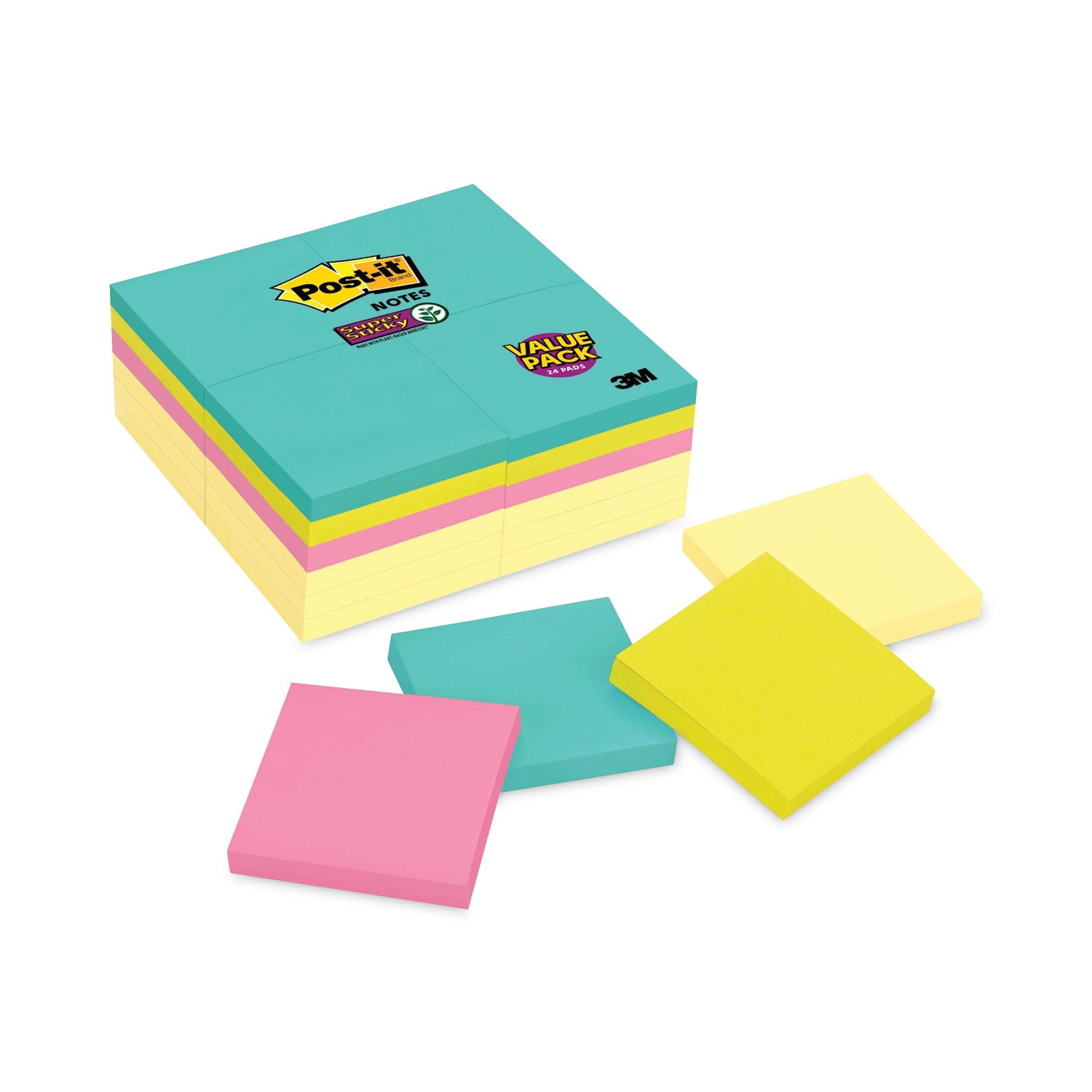 Post-it Super Sticky Notes, Supernova Neons Color Collection, 3" x 3", 90 Sheets per Pad, 24 Pads, Multicolor (Aqua Splash, Tropical Pink, Acid Lime, Canary Yellow)