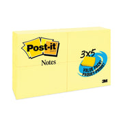 Post-it&reg; Notes Value Pack - 100 - 3" Flag/Note Width x 5" Flag/Note Length - Rectangle - Unruled - Canary - Self-adhesive - 24 / Pack