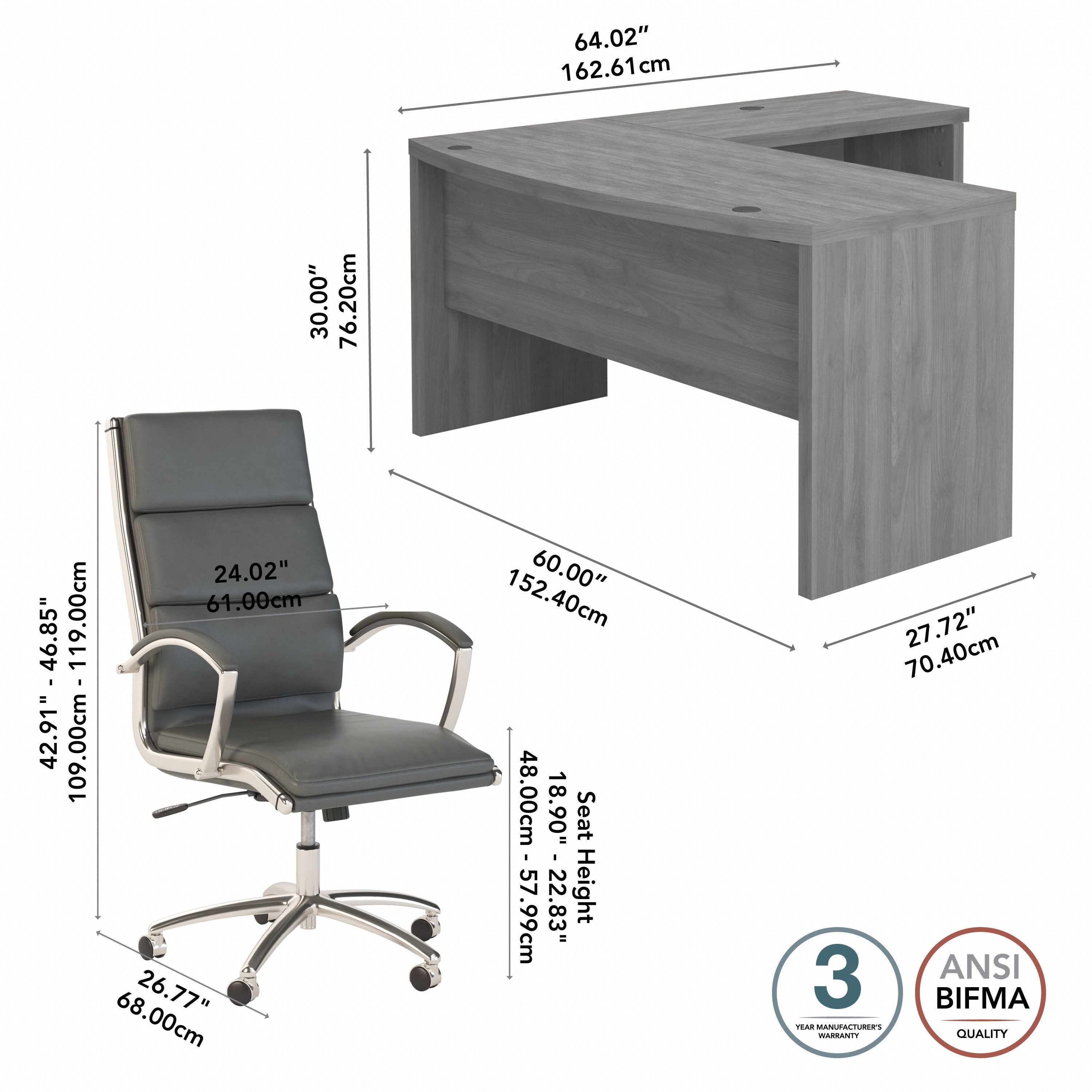Bush Business Furniture Echo L Shaped Bow Front Desk with High Back Chair in Modern Gray - 60" Width x 64.02" Depth x 42.91" Height
