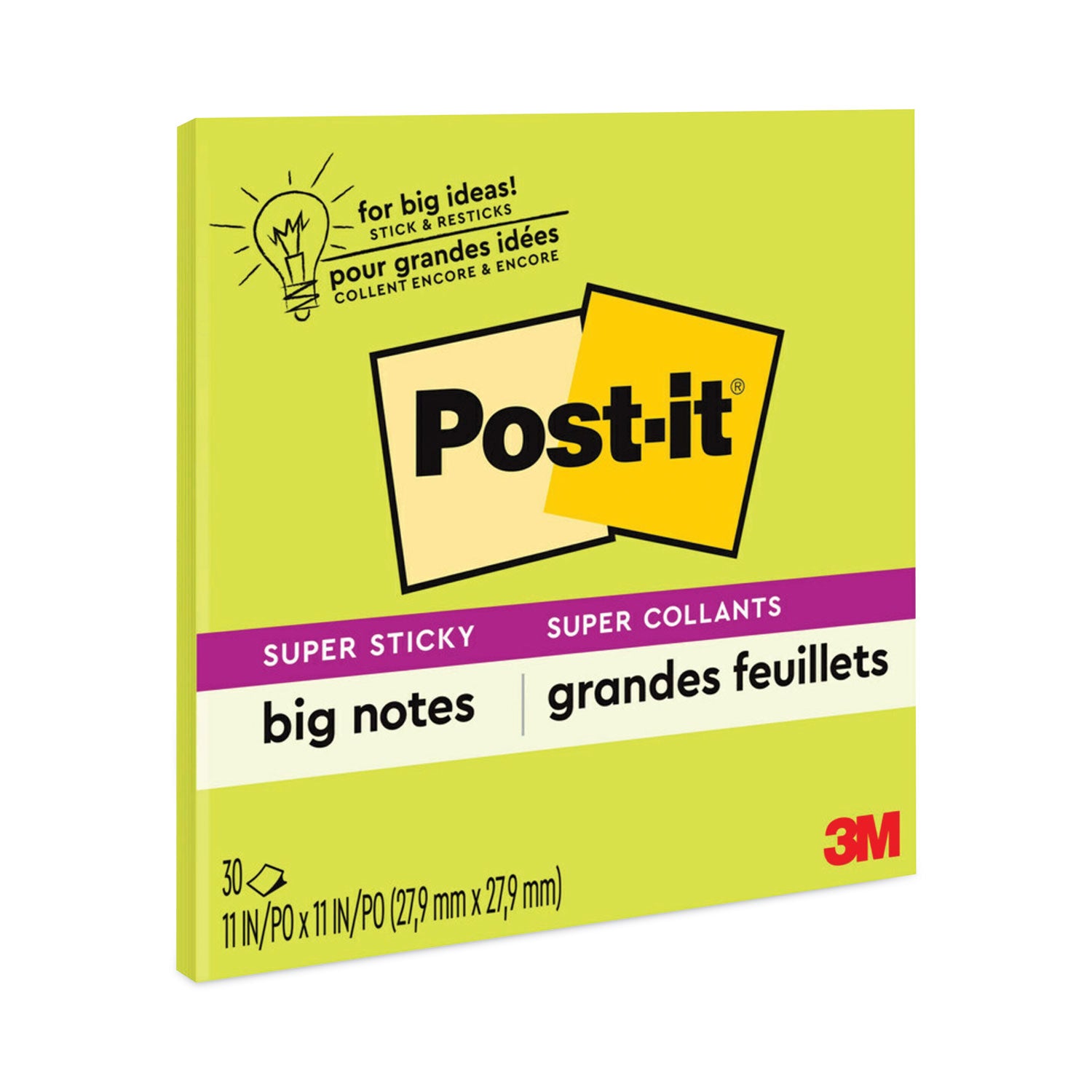Post-it&reg; Super Sticky Big Notes - 30 x Green - 11" Flag/Note Width x 11" Flag/Note Length - Square - 30 Sheets per Pad - Green - Sticky, Removable - 1 Each