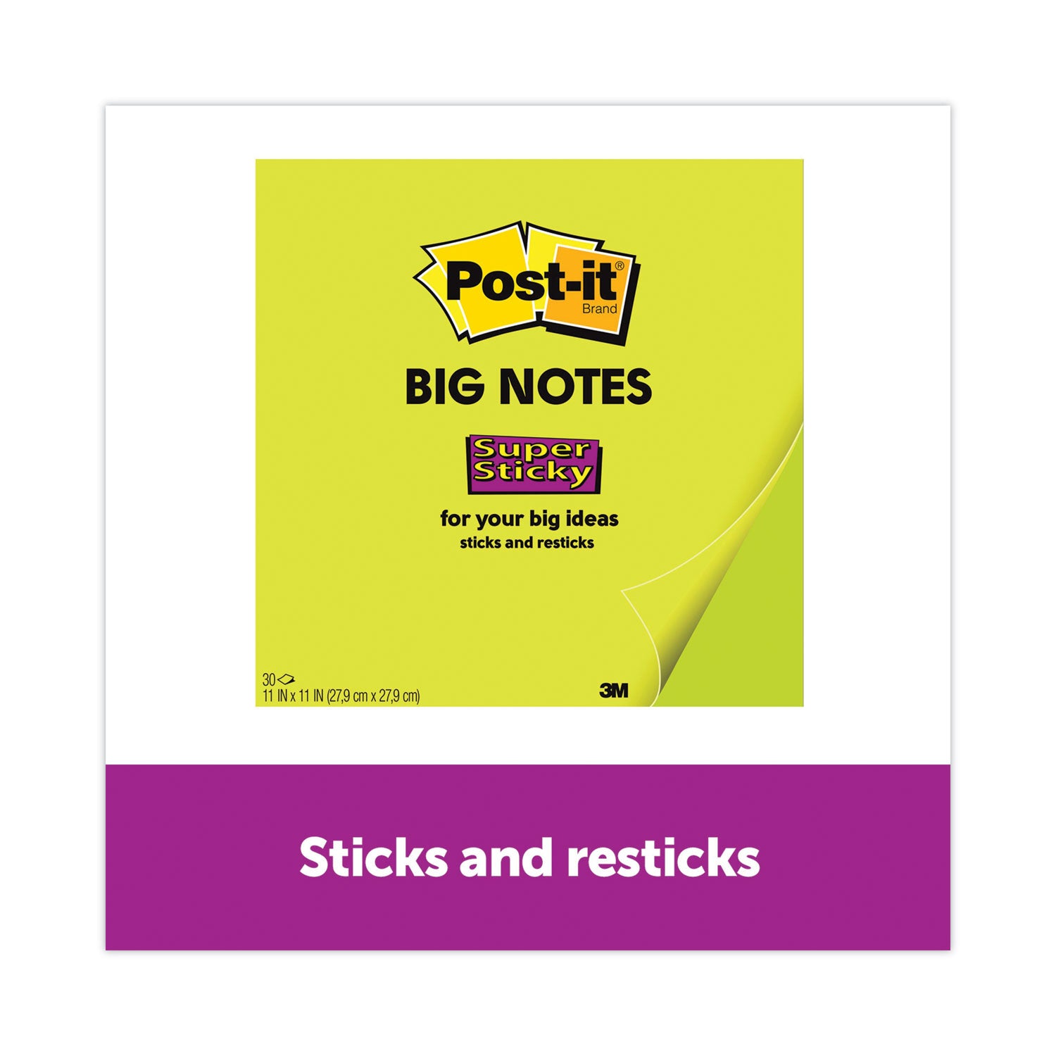 Post-it&reg; Super Sticky Big Notes - 30 x Green - 11" Flag/Note Width x 11" Flag/Note Length - Square - 30 Sheets per Pad - Green - Sticky, Removable - 1 Each