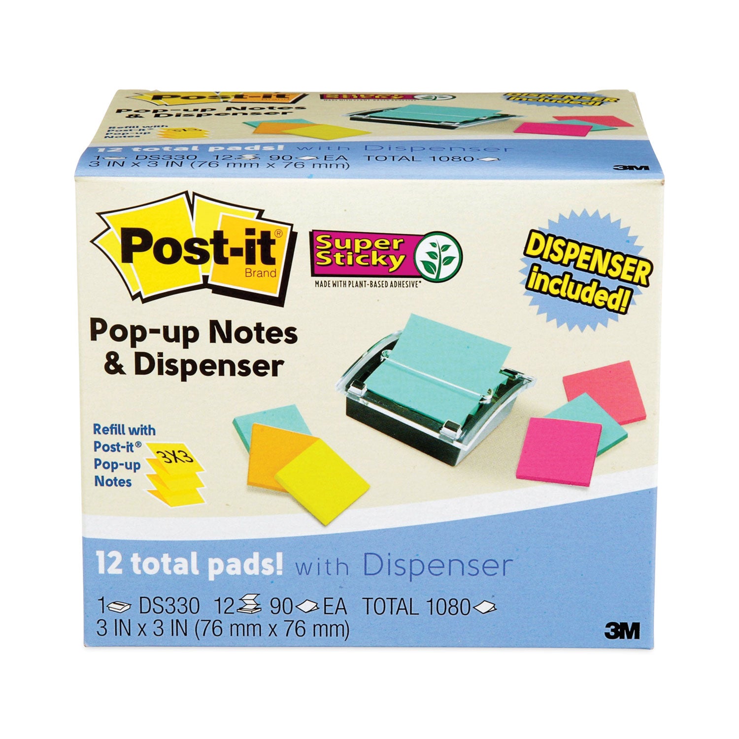 1080 - 3" Flag/Note Width x 3" Flag/Note Length - Square - 90 Sheets per Pad - Unruled - Blue, Orange, Green, Pink - Paper - Self-adhesive - Dispenser Included - 1 Pack