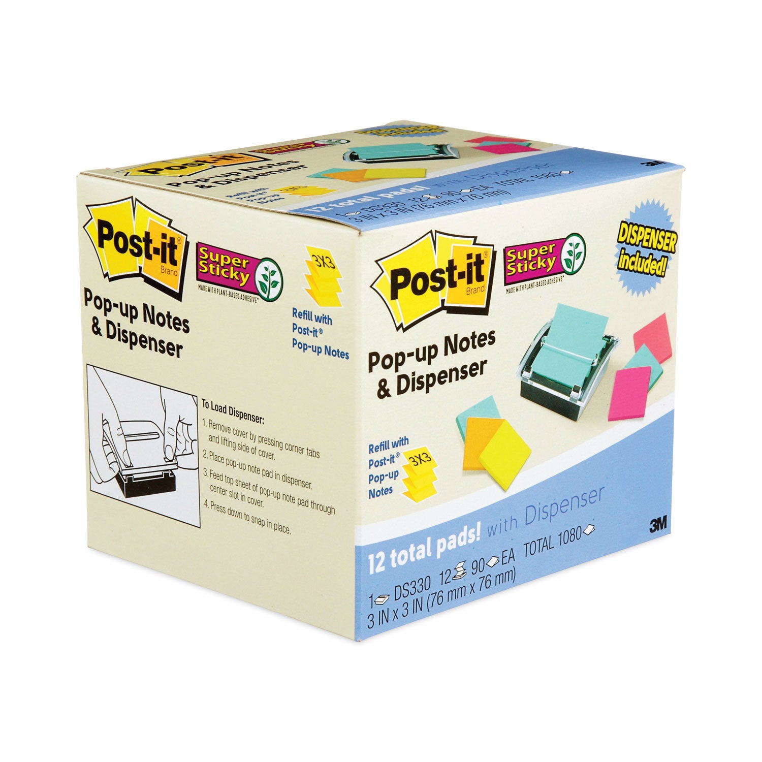 1080 - 3" Flag/Note Width x 3" Flag/Note Length - Square - 90 Sheets per Pad - Unruled - Blue, Orange, Green, Pink - Paper - Self-adhesive - Dispenser Included - 1 Pack