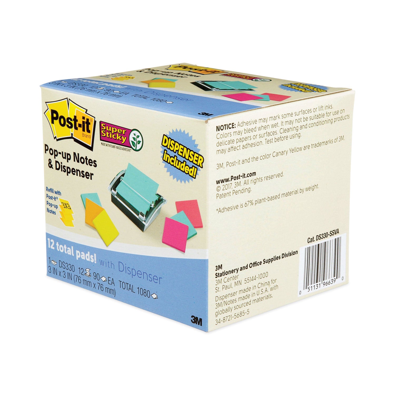 1080 - 3" Flag/Note Width x 3" Flag/Note Length - Square - 90 Sheets per Pad - Unruled - Blue, Orange, Green, Pink - Paper - Self-adhesive - Dispenser Included - 1 Pack