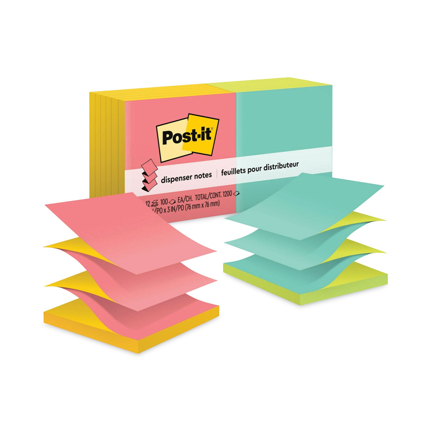 Post-it&reg; Dispenser Notes - 1200 - 3" Flag/Note Width x 3" Flag/Note Length - Square - 100 Sheets per Pad - Unruled - Power Pink, Vital Orange, Acid Lime, Aqua Splash - Paper - Refillable, Pop-up, Self-adhesive, Repositionable - 1 Pack