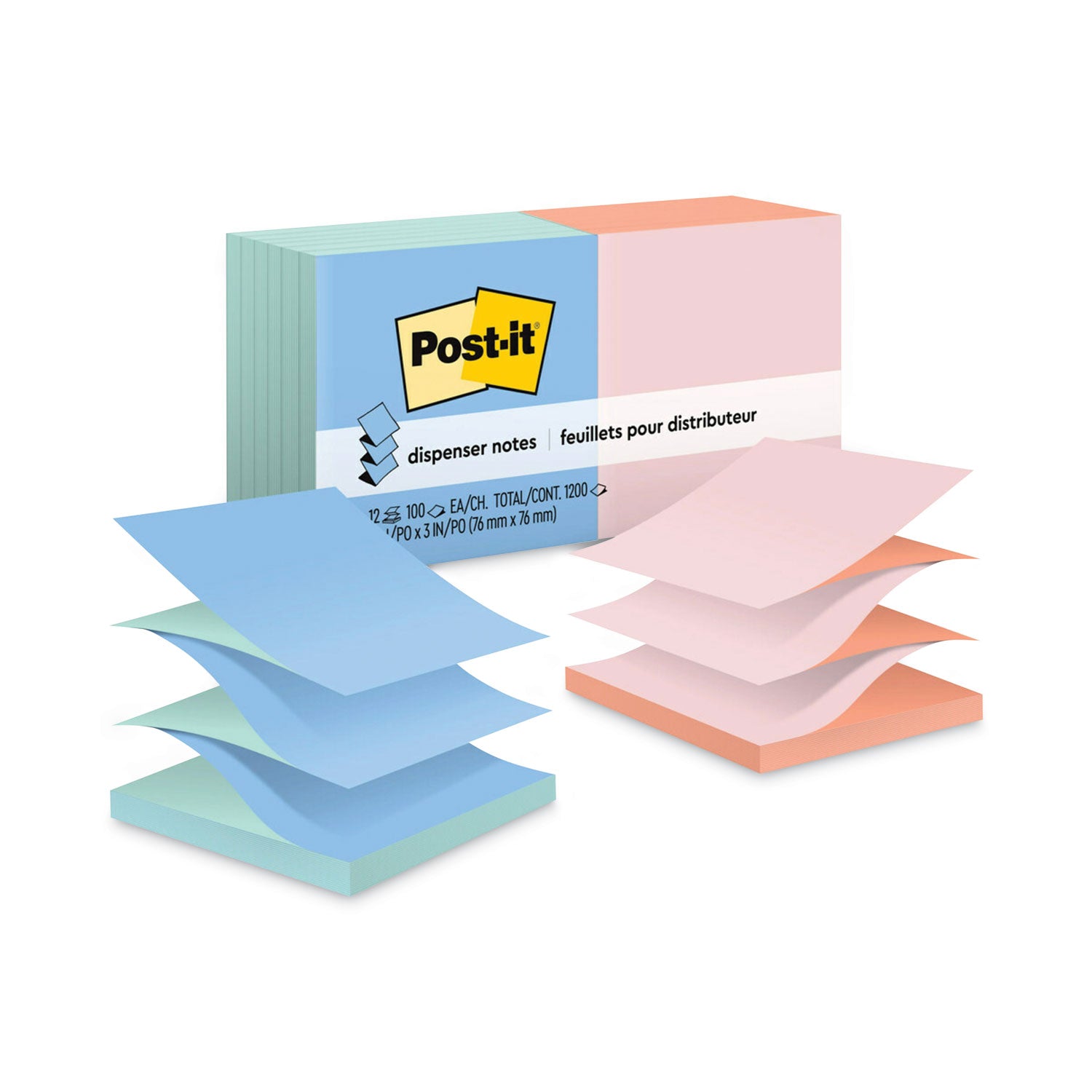1200 - 3" Flag/Note Width x 3" Flag/Note Length - Square - 100 Sheets per Pad - Unruled - Fresh Mint, Canary Yellow, Pink Salt, Papaya Fizz - Paper - Refillable, Pop-up, Self-adhesive, Repositionable - 1 Pack