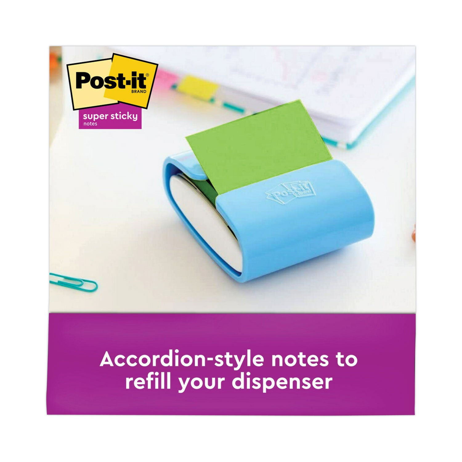 Post-it Super Sticky Dispenser Notes, Playful Primaries Collection, 3" x 3", Square, 90 Sheets per Pad, 12 Pads, Candy Apple Red, Sunnyside, Blue Paradise, Self-adhesive, Repositionable