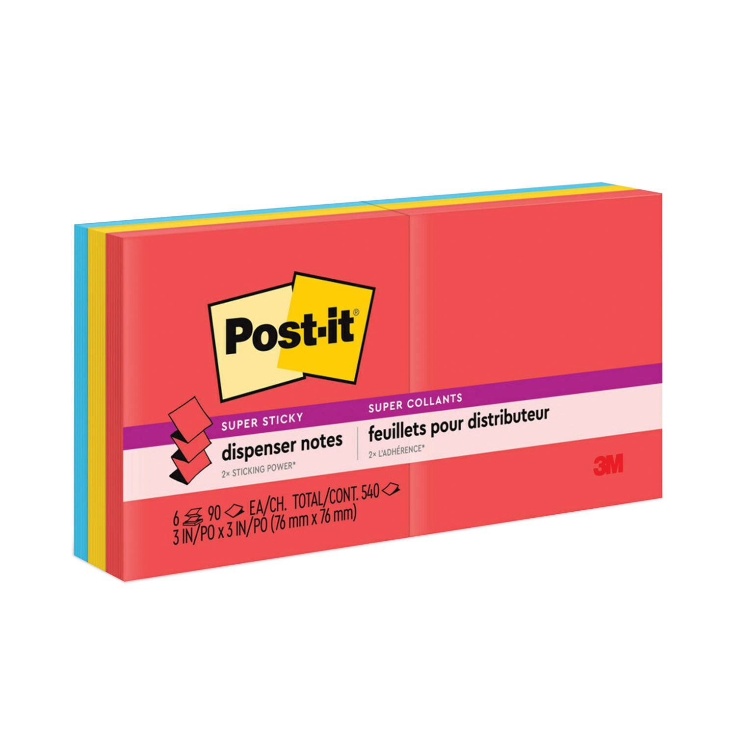 Post-it Super Sticky Dispenser Notes, Playful Primaries Collection, 3" x 3", Square, 90 Sheets per Pad, 12 Pads, Candy Apple Red, Sunnyside, Blue Paradise, Self-adhesive, Repositionable