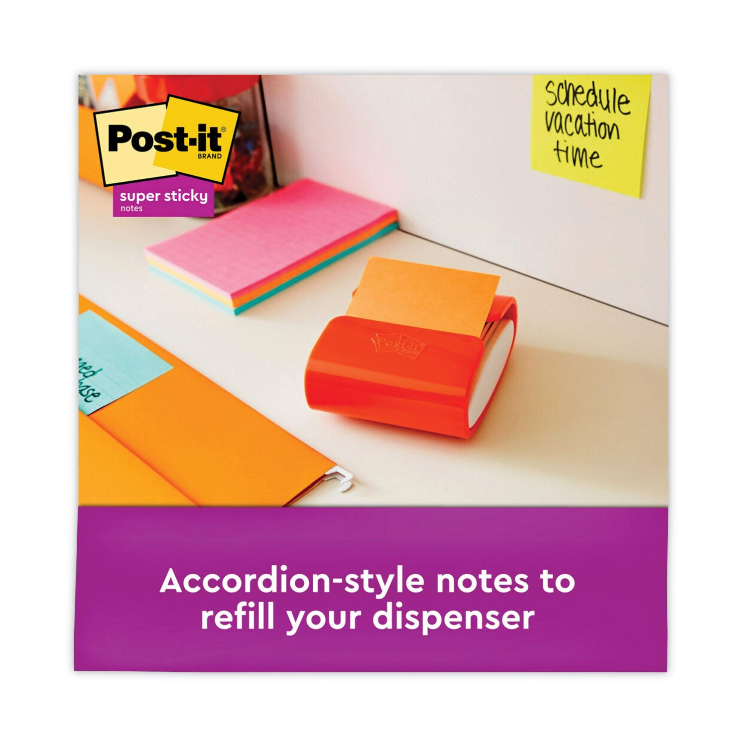 Post-it Super Sticky Dispenser Notes, Energy Boost Collection, 3" x 3", 90 Sheets per Pad, 10 Pads/Pack, Vital Orange, Tropical Pink, Sunnyside, Self-adhesive, Repositionable