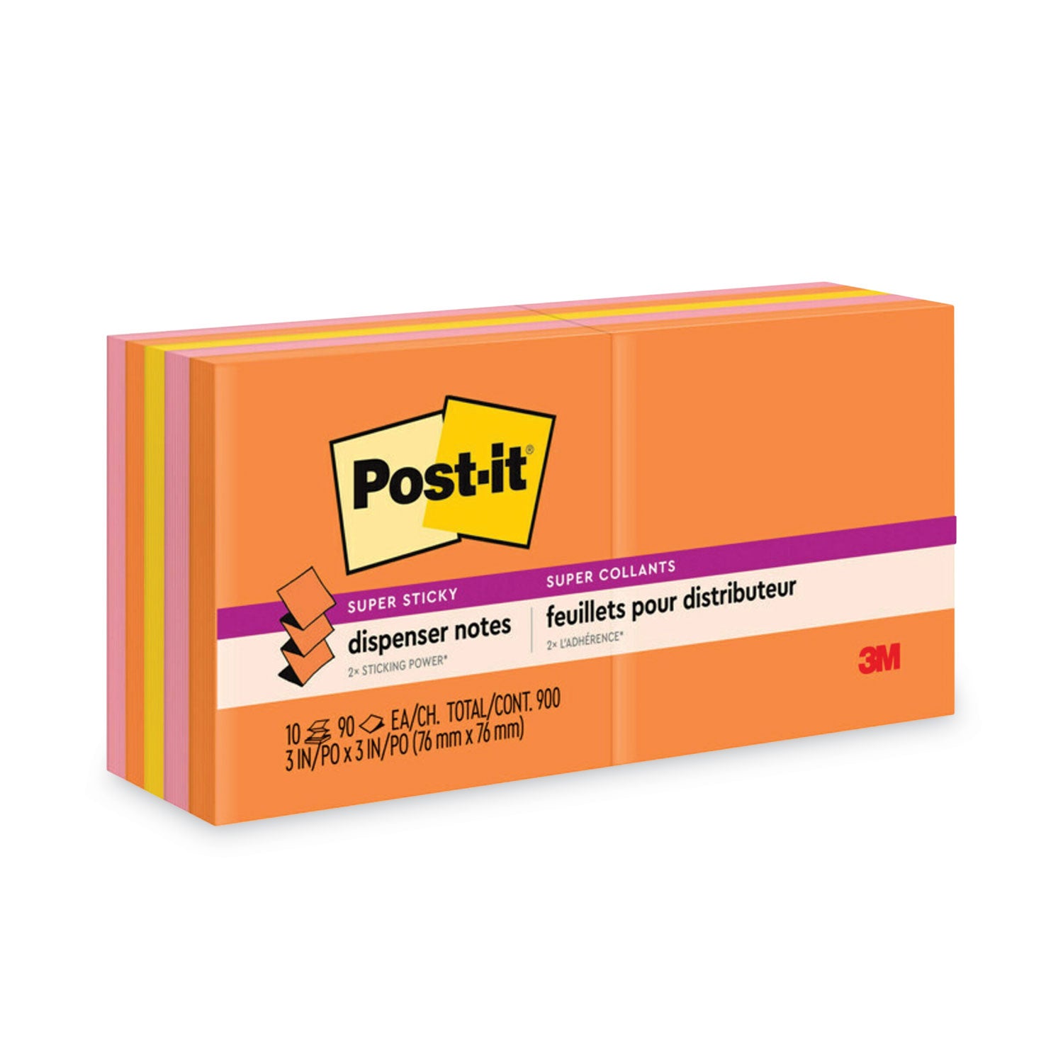 Post-it Super Sticky Dispenser Notes, Energy Boost Collection, 3" x 3", 90 Sheets per Pad, 10 Pads/Pack, Vital Orange, Tropical Pink, Sunnyside, Self-adhesive, Repositionable