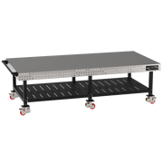 Welding Fixture Table, Fixed Height, 36"H x 120"L x 60"D, 1/4" Carbon Steel Top, Six Black Powdercoat Legs, Shelf, Handle, 6 Heavy Duty Suspension Casters (4 Locking/Swiveling Casters and 2 Non-Locking/Non-SwivelingCasters)
