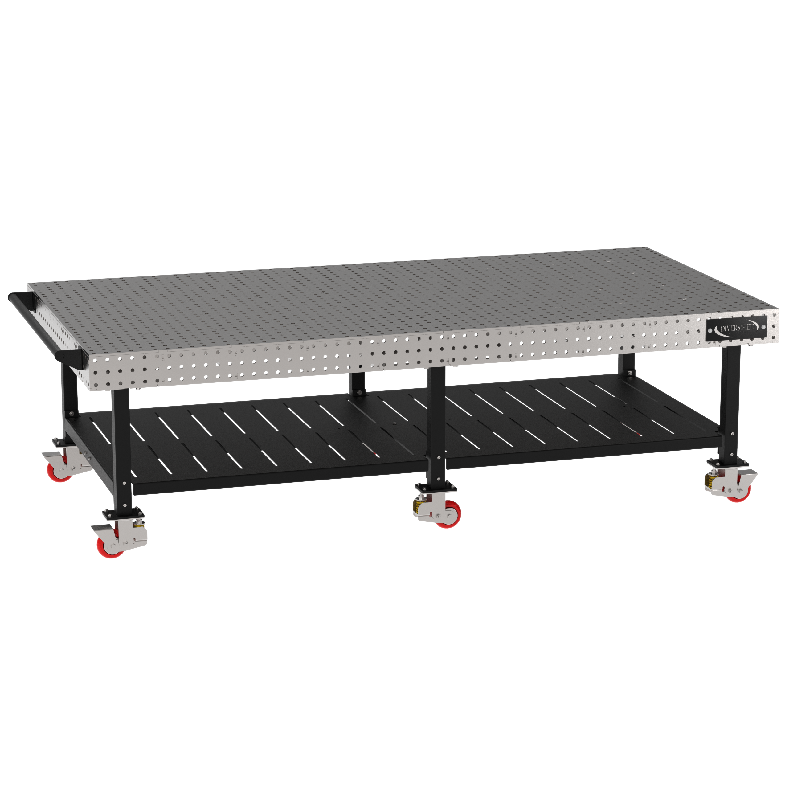 Welding Fixture Table, Fixed Height, 36"H x 120"L x 60"D, 1/4" Carbon Steel Top, Six Black Powdercoat Legs, Shelf, Handle, 6 Heavy Duty Suspension Casters (4 Locking/Swiveling Casters and 2 Non-Locking/Non-SwivelingCasters)
