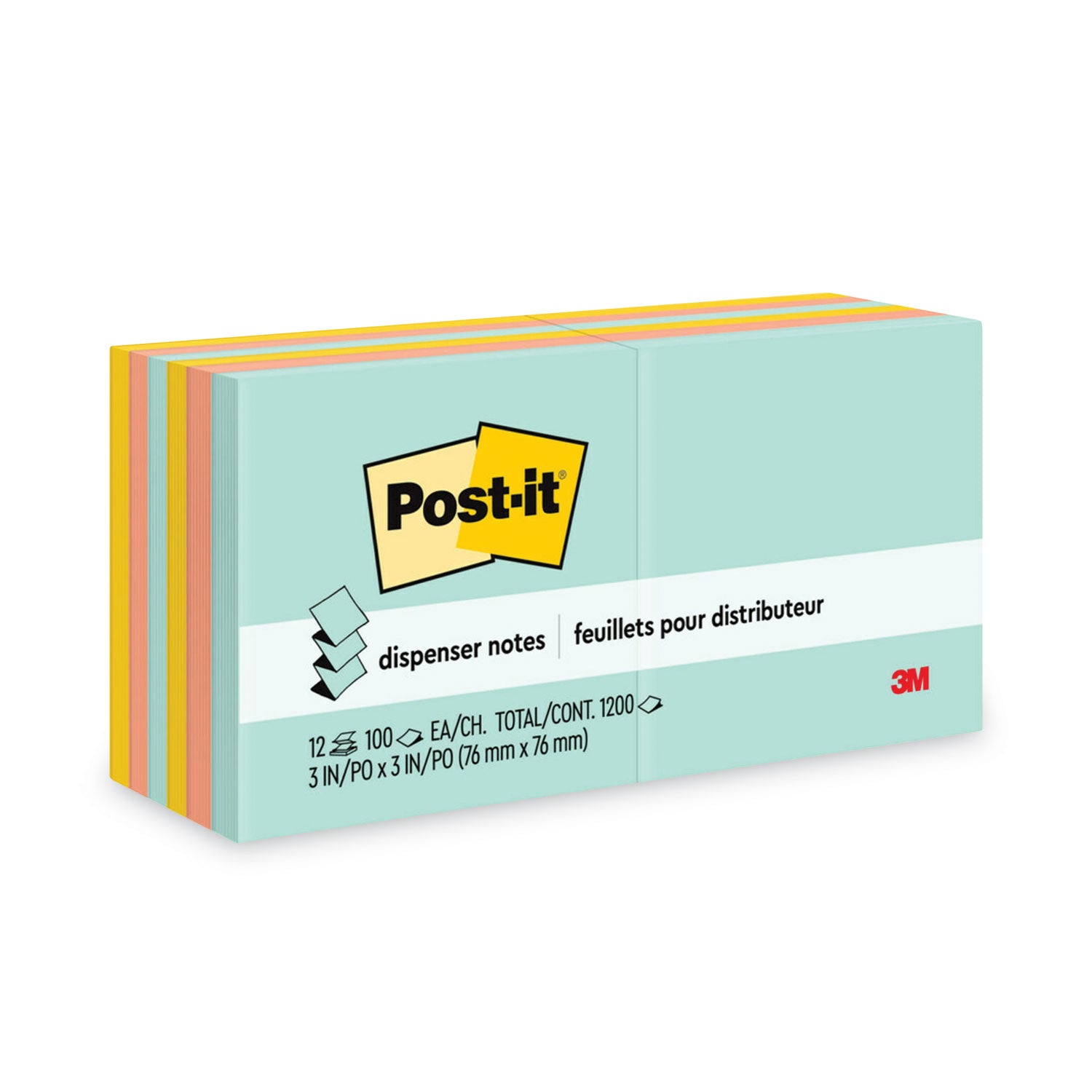 Post-it&reg; Dispenser Notes - 1200 - 3" Flag/Note Width x 3" Flag/Note Length - Square - 100 Sheets per Pad - Unruled - Fresh Mint, Aqua Splash, Sunnyside, Papaya Fizz, Guava - Paper - Pop-up, Self-adhesive, Repositionable - 1 Pack